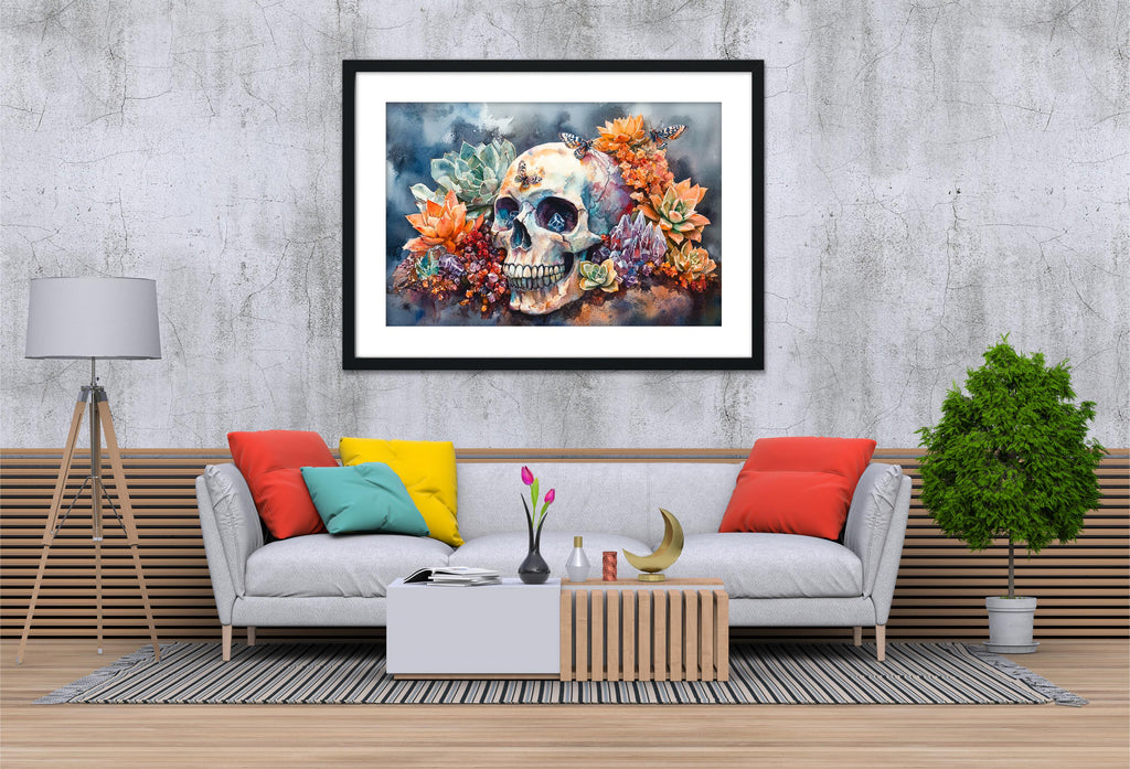 a living room with a gray sofa, a coffee table, and a framed painting of a skull surrounded by colorful flowers hanging on the wall above the sofa.