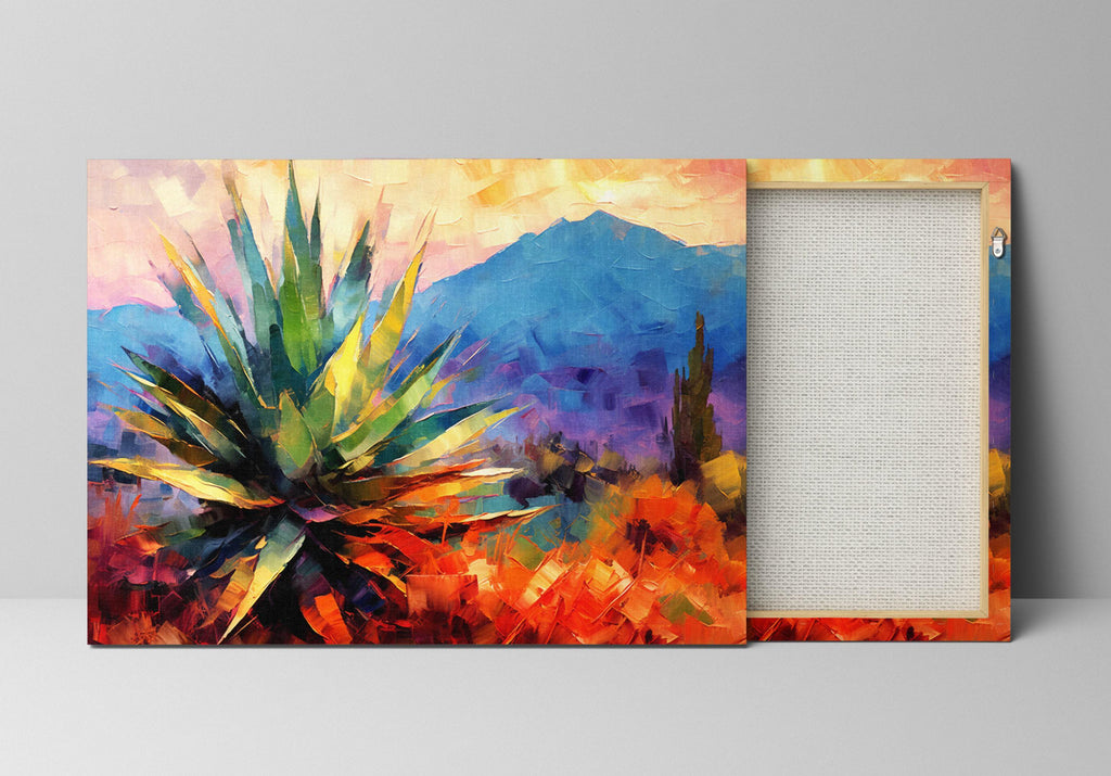 The image is a vibrant painting depicting a desert landscape with a large cactus plant in the foreground. The background features a mountainous terrain under a clear sky.