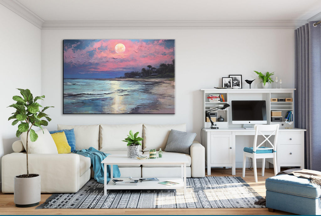 Moonlight Beach Painting – Large Canvas Print | Coastal Wall Art, Gallery Wrapped Canvas