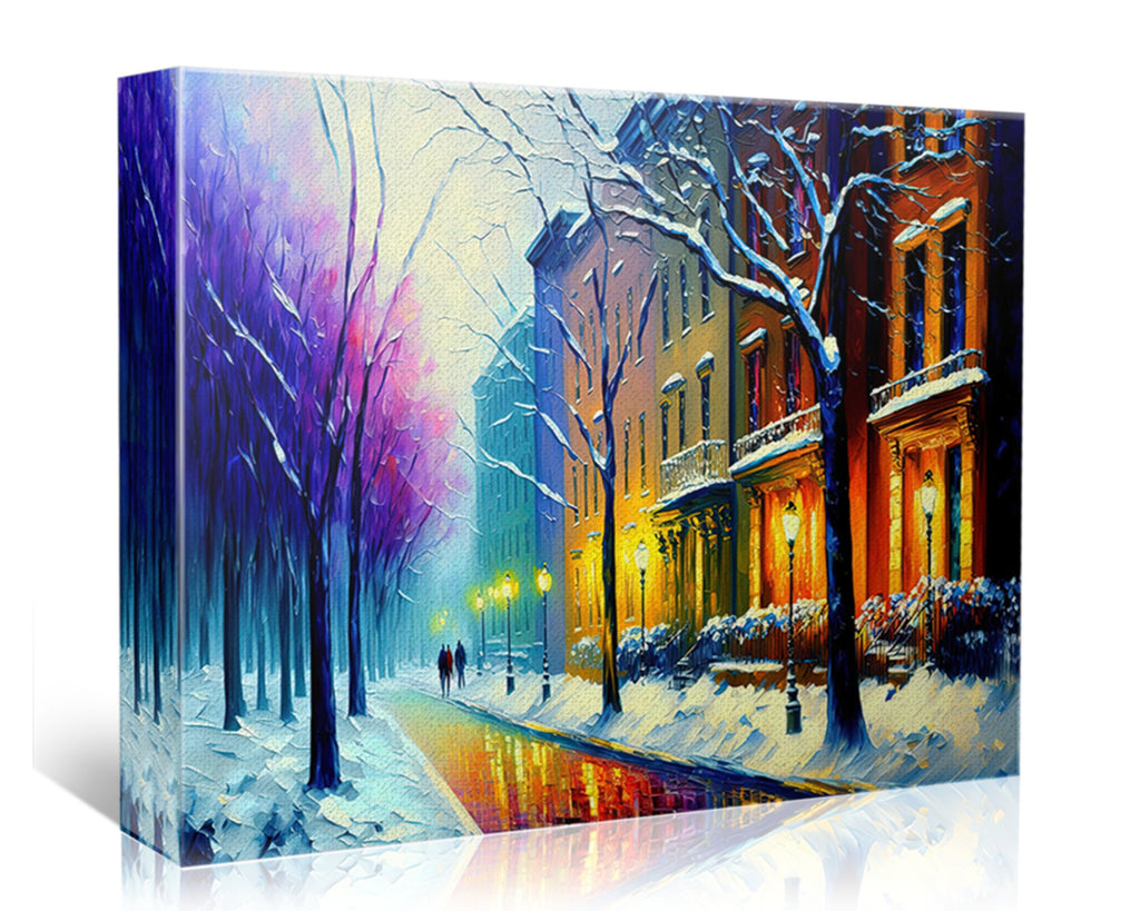 Cityscape Painting Print – Vibrant Winter Snow Artwork on Large Canvas Art
