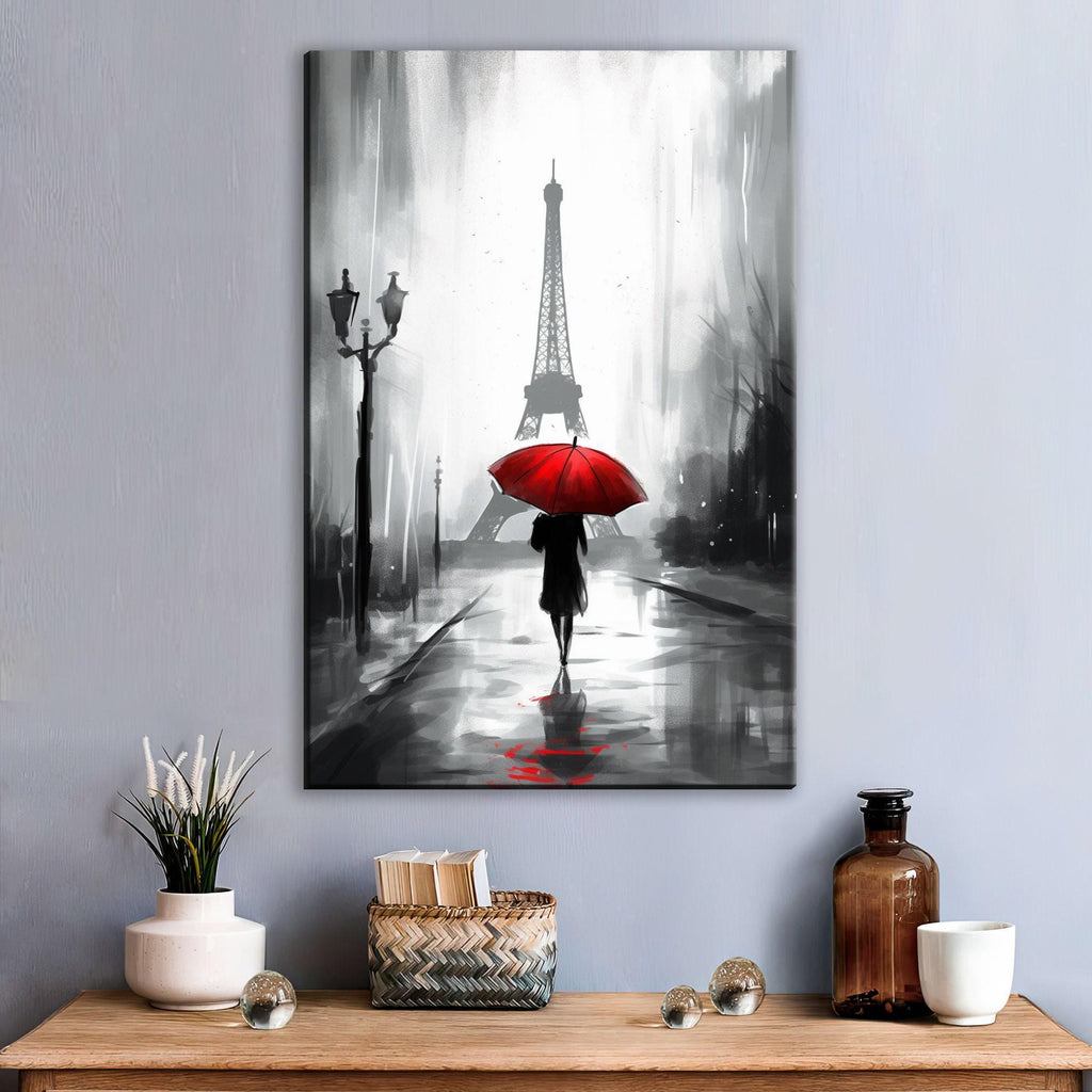 a person walking on a rainy street, holding a red umbrella, with the Eiffel Tower in the background.