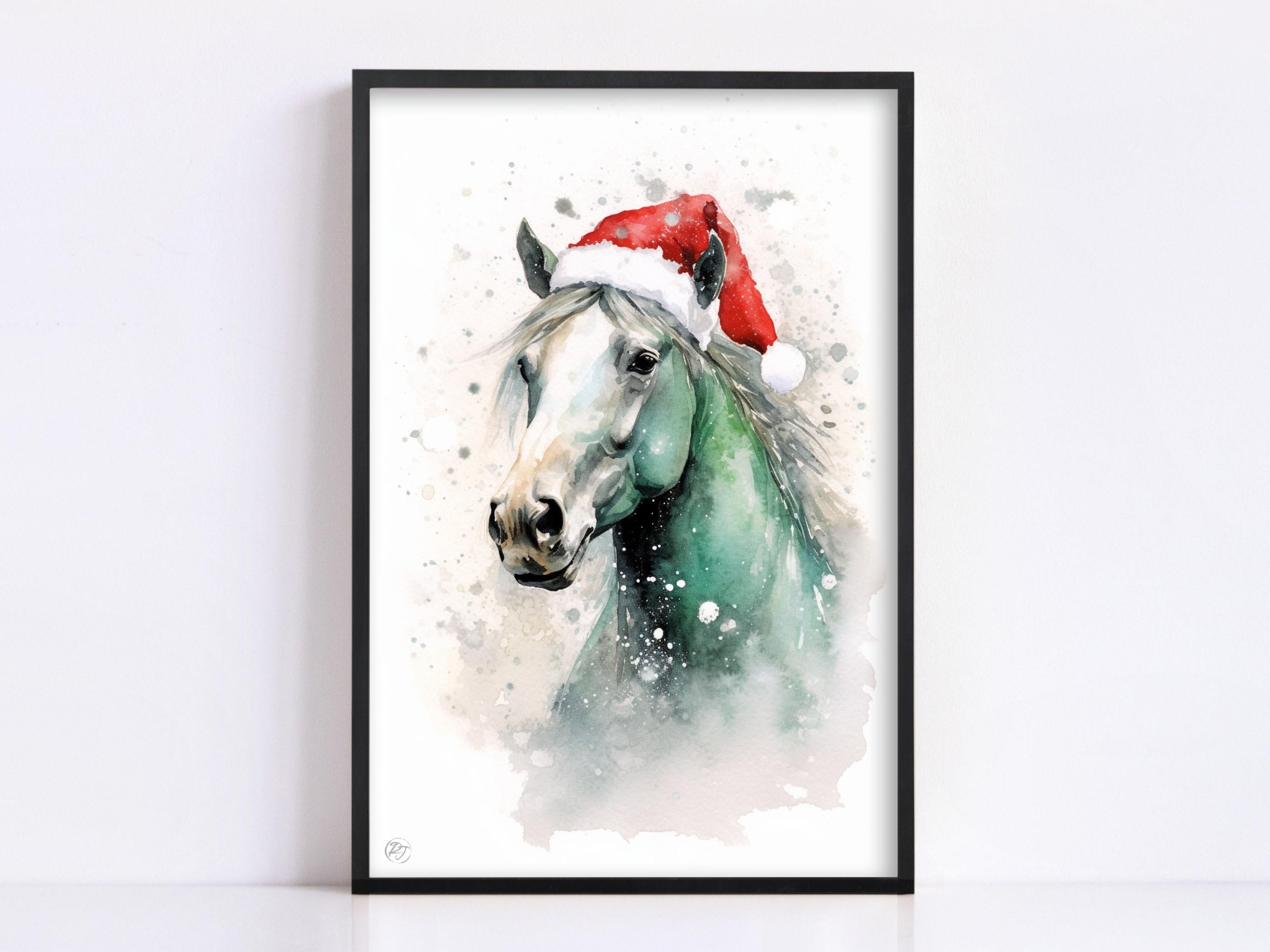 Festive Horse in Santa Hat Watercolor Art Print, Giclee Print on Canvas, Artist Paper, Watercolor Paper, Available in Extra Large Sizes