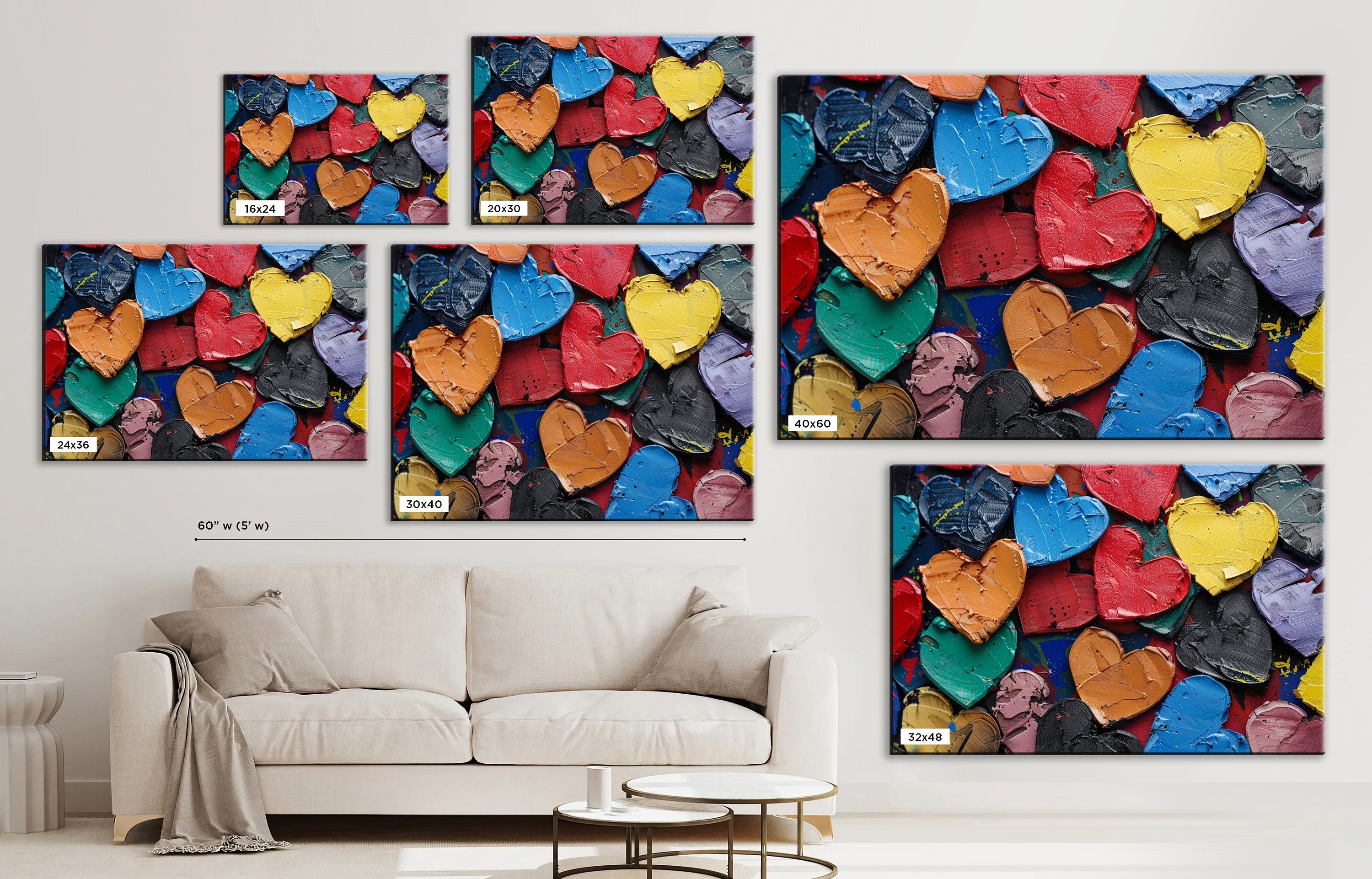Painted Hearts Wall Art – Large Canvas Prints | Vibrant Love Painting on Gallery Wrapped Canvas