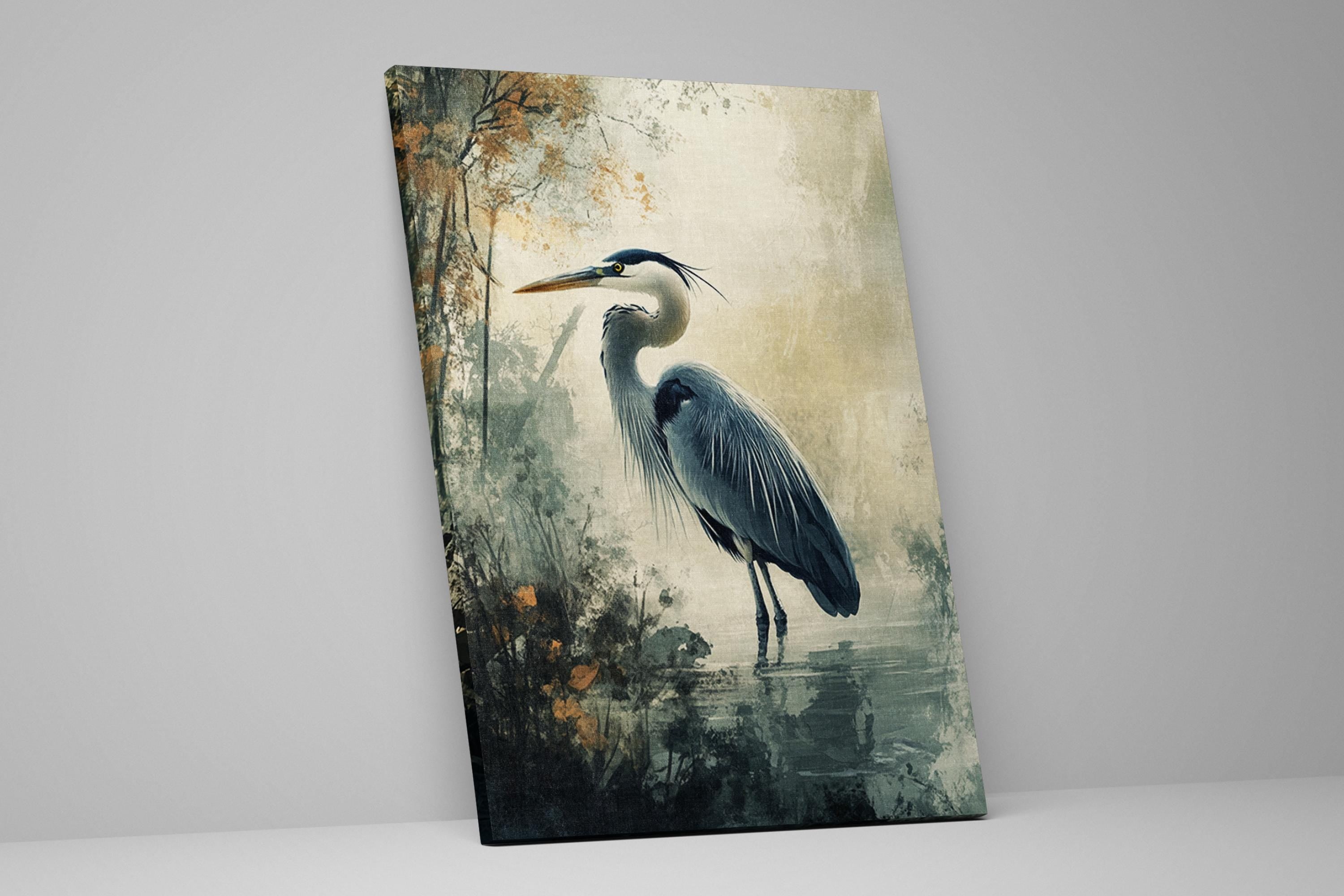 a painting of a blue heron standing in the water