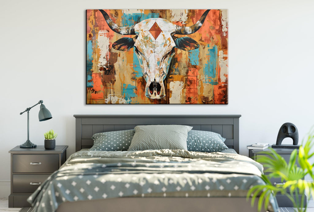 Texas Cow Skull Art | Rustic Wall Art on Gallery Wrapped Canvas - Large Print