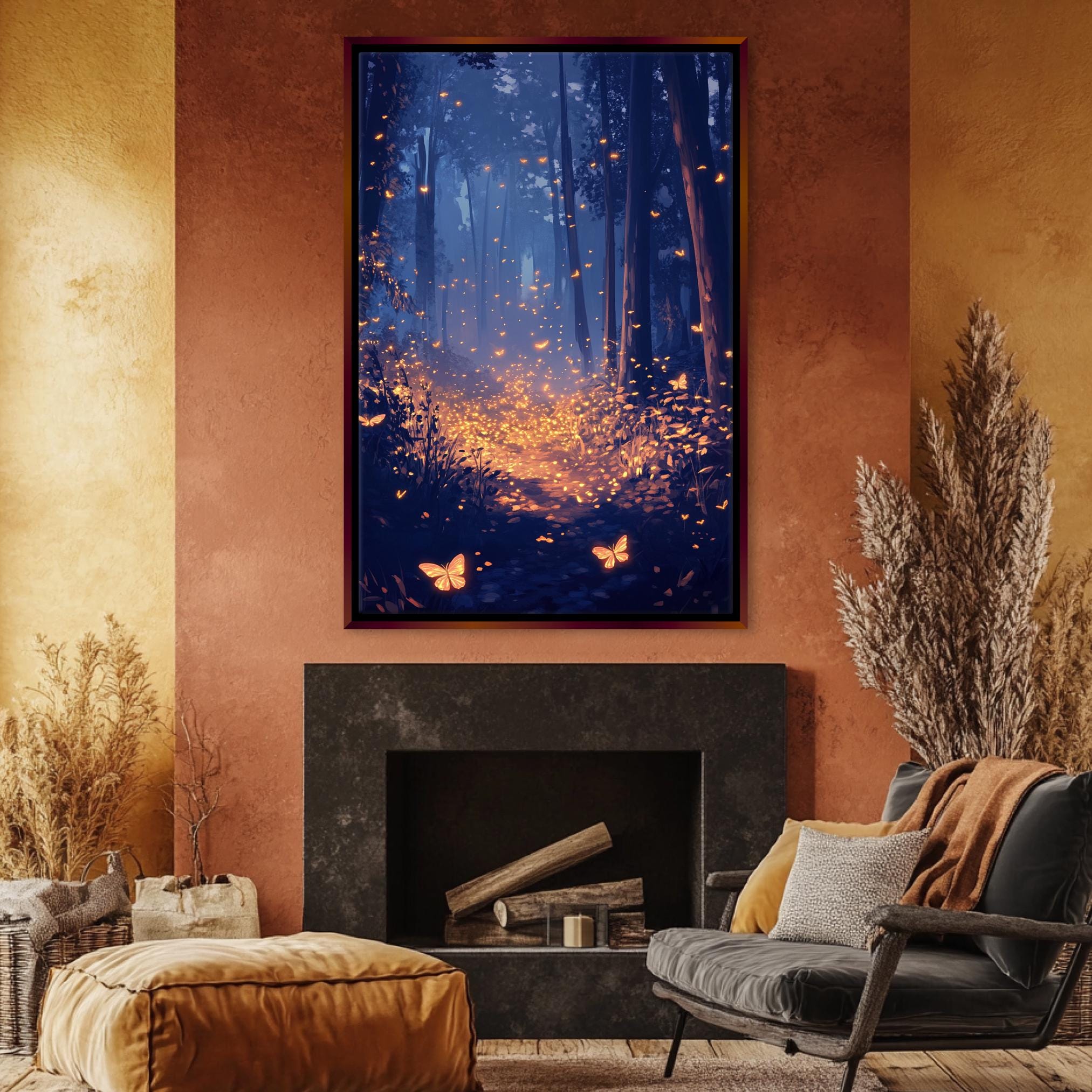a living room with a fire place and a painting on the wall