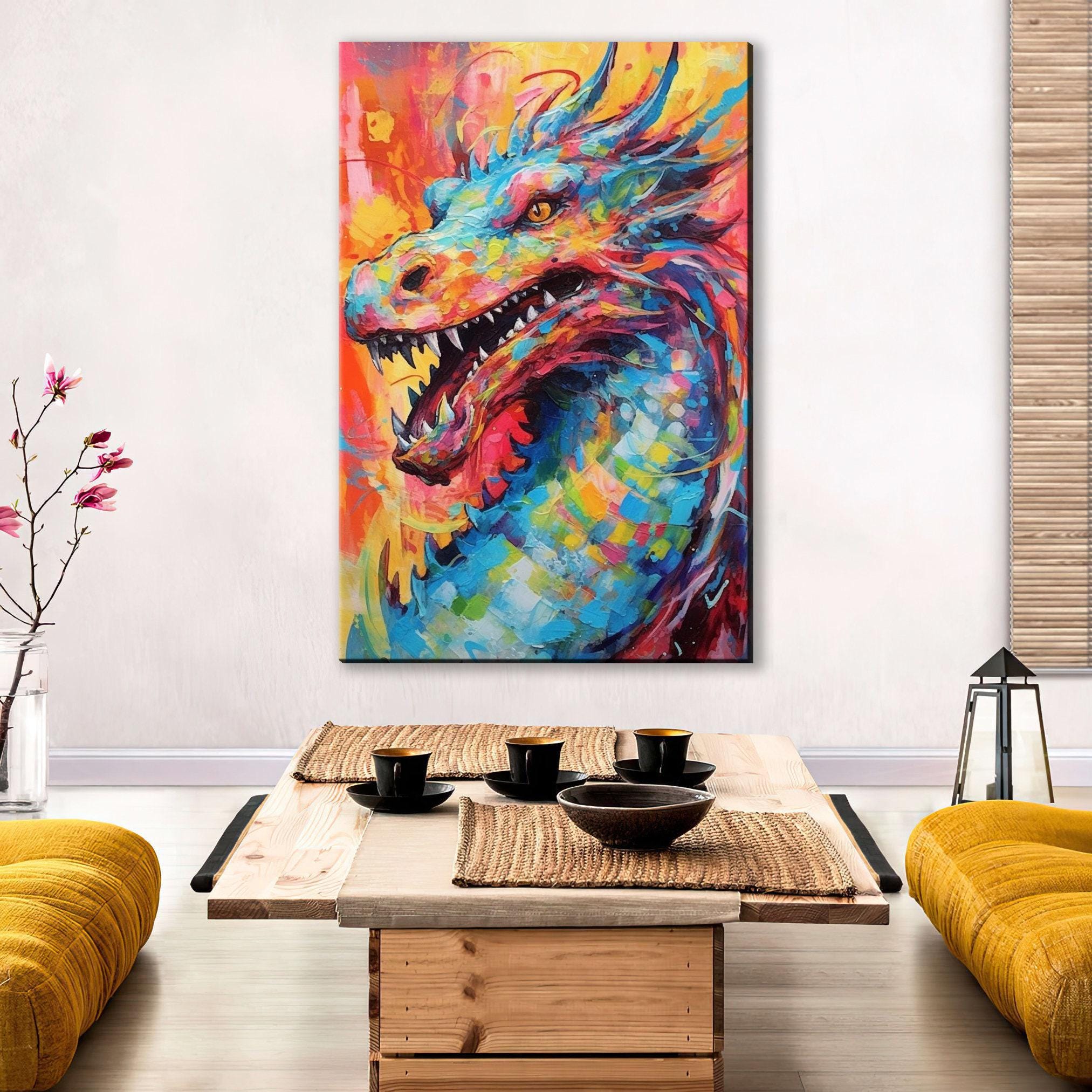 Dragon Canvas Art - Large Pop Art Painting on Gallery Ready Canvas for Fantasy Wall Decor