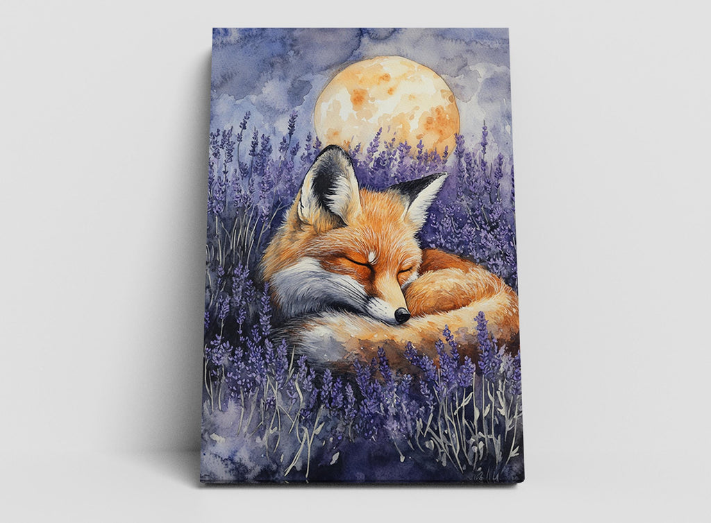 A painting of a sleeping fox curled up in a field of purple flowers, with a large full moon in the background.