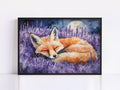 A painting of a sleeping fox in a field of purple flowers, with a full moon in the background.