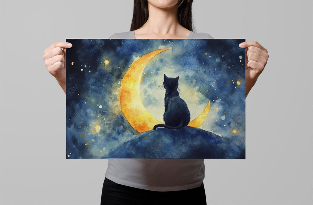 A woman holds up a framed print depicting a black cat sitting on a rock, gazing up at a crescent moon against a starry night sky.
