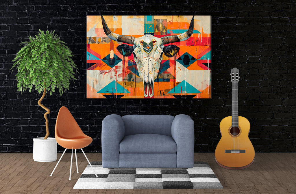 Native Cow Skull Art – Southwest Native Art on Extra Large Gallery Wrapped Canvas