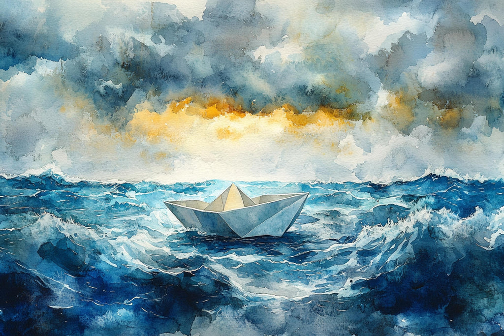 A watercolor painting depicting a small paper boat floating on a stormy ocean, with a dramatic sky filled with clouds and a bright light shining through.