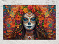 A colorful and intricate digital illustration depicting a woman's face with a sugar skull design, surrounded by a vibrant floral and nature-inspired background.