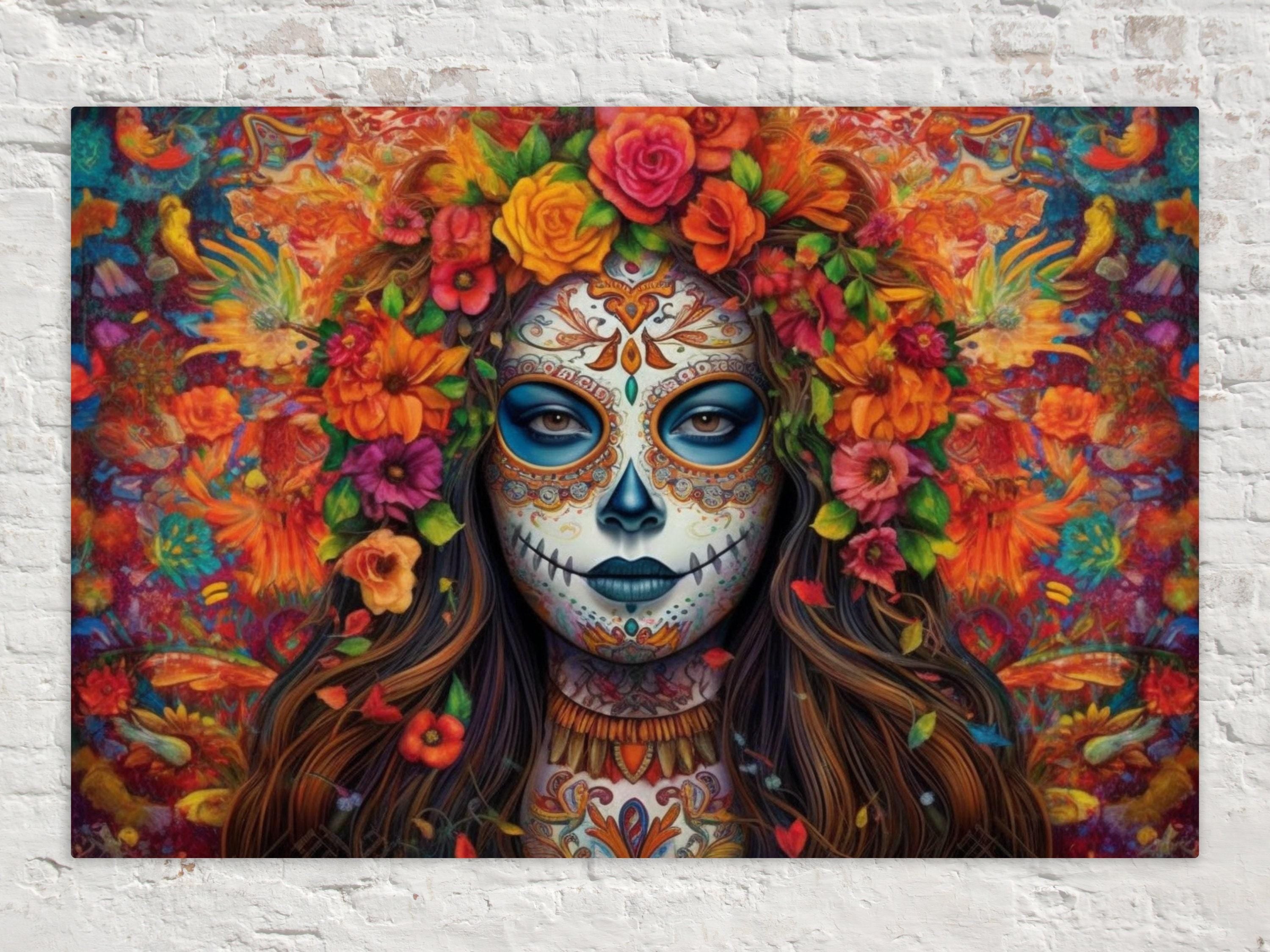 A colorful and intricate digital illustration depicting a woman's face with a sugar skull design, surrounded by a vibrant floral and nature-inspired background.