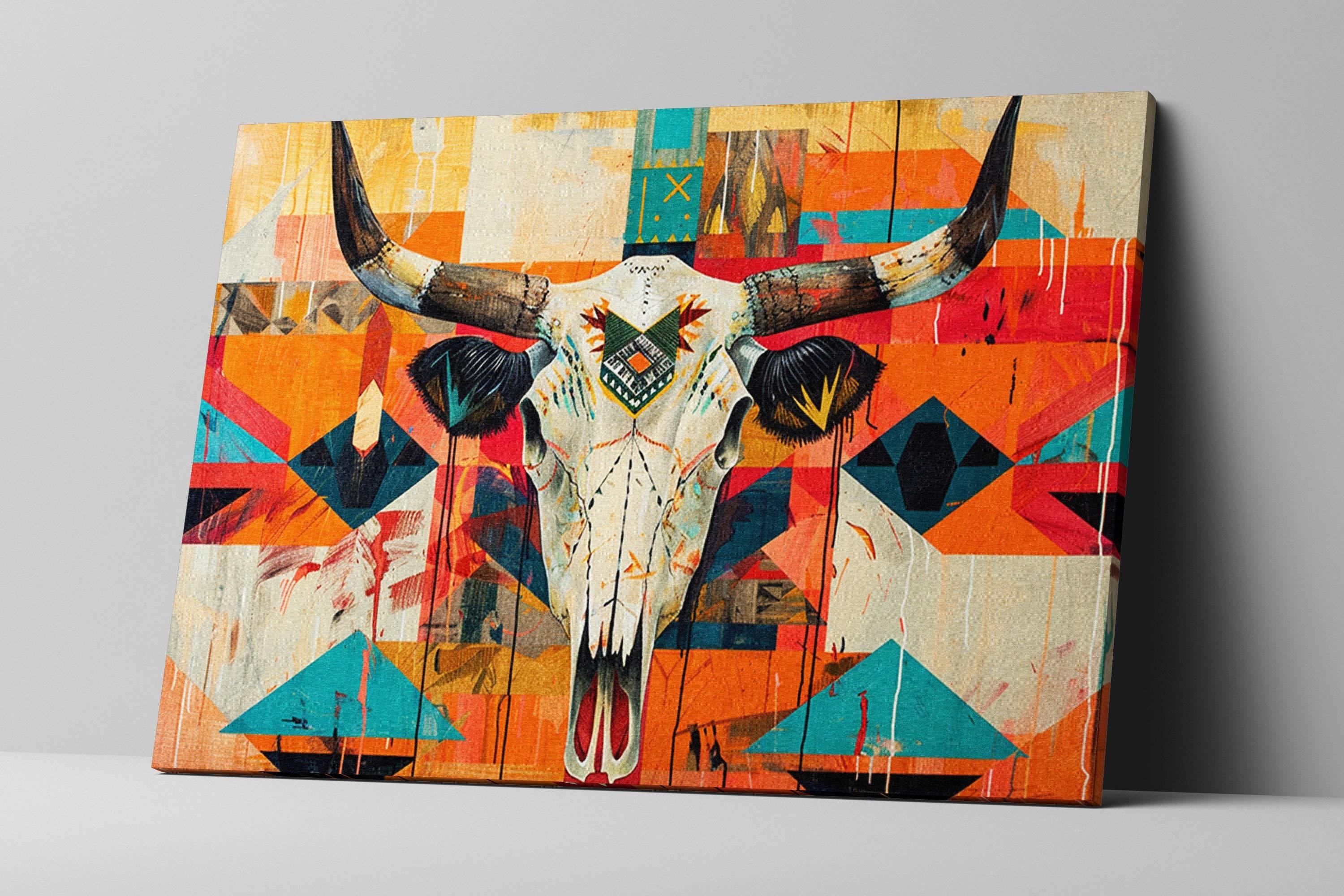 Native Cow Skull Art – Southwest Native Art on Extra Large Gallery Wrapped Canvas