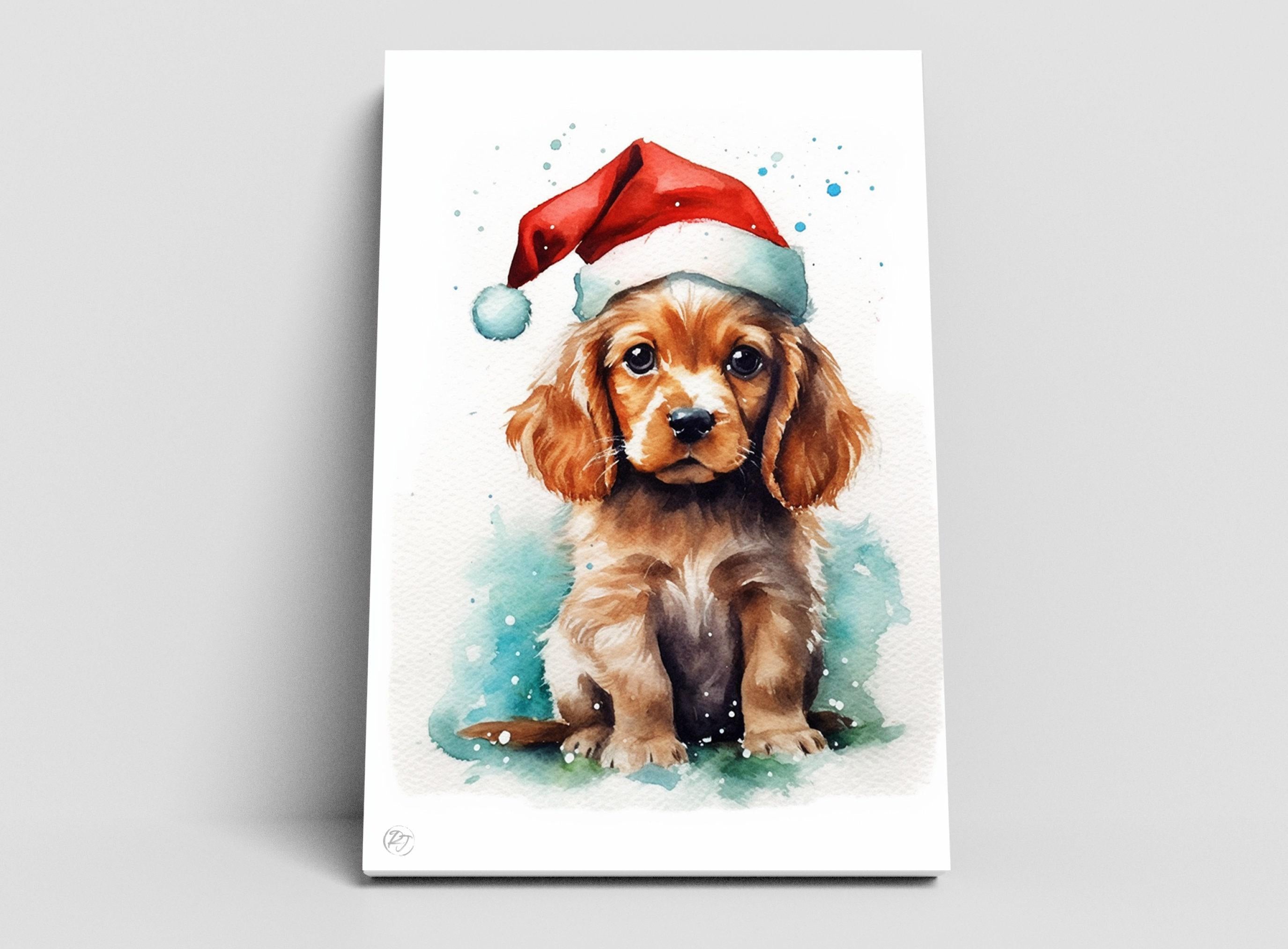 Festive Puppy Portrait - Watercolor Dog in Santa Hat, Giclee Print on Canvas, Artist Paper, Watercolor Paper, Available in Extra Large Sizes