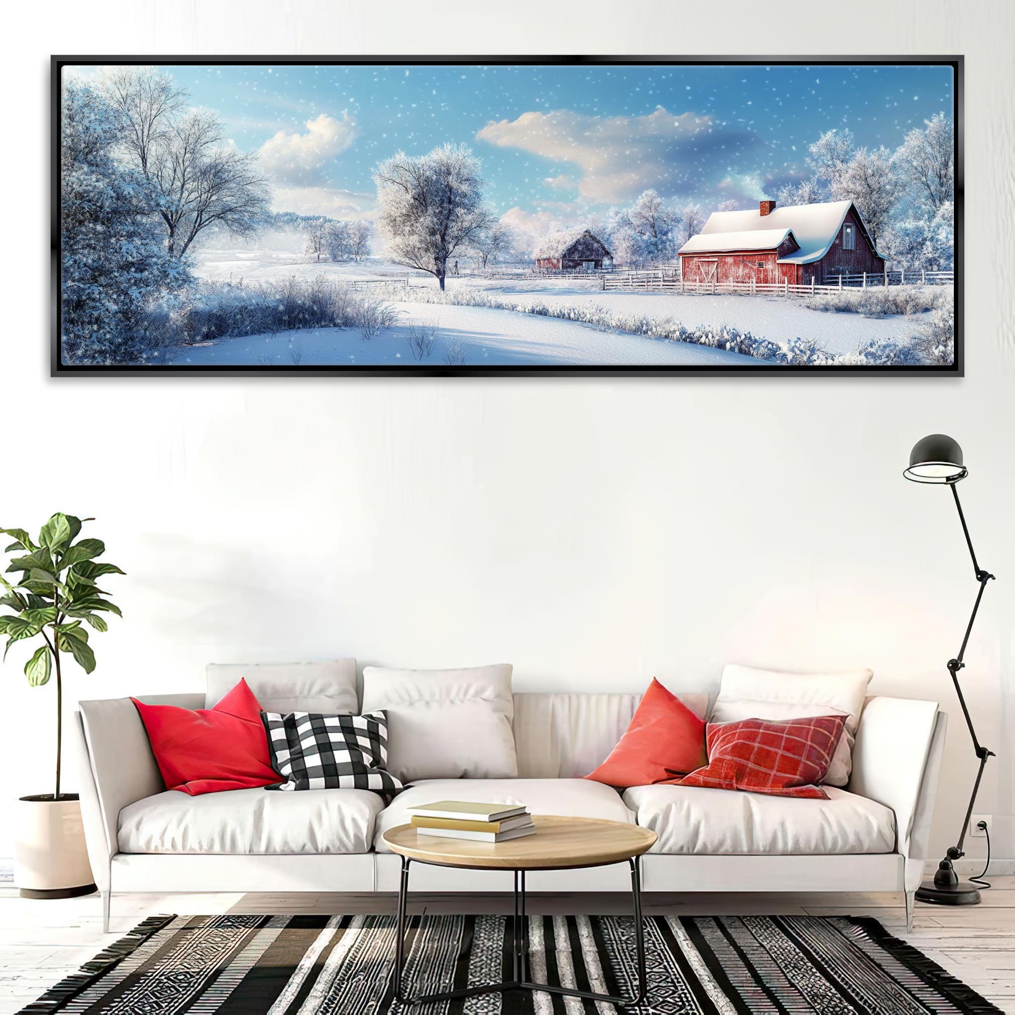a living room with a couch and a painting on the wall