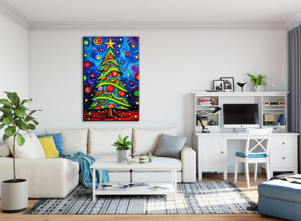 Christmas Tree Wall Art – Colorful Xmas Tree Painting on Gallery Wrapped Canvas, Large Sizes