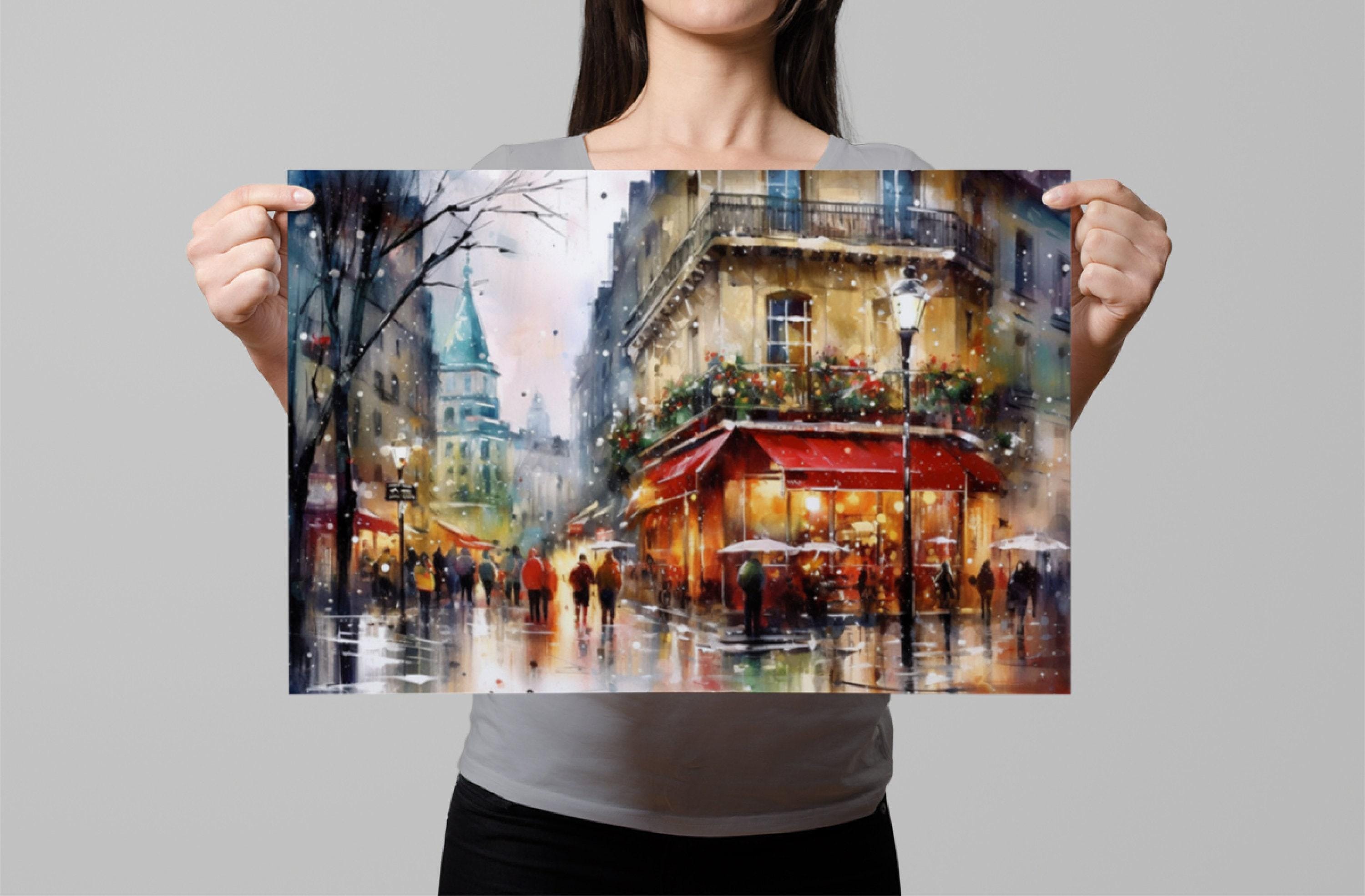 Christmas Watercolor Cityscape - Paris Holiday Wall Art, Print on Canvas, Artist Paper, Watercolor Paper, Available in Extra Large Sizes