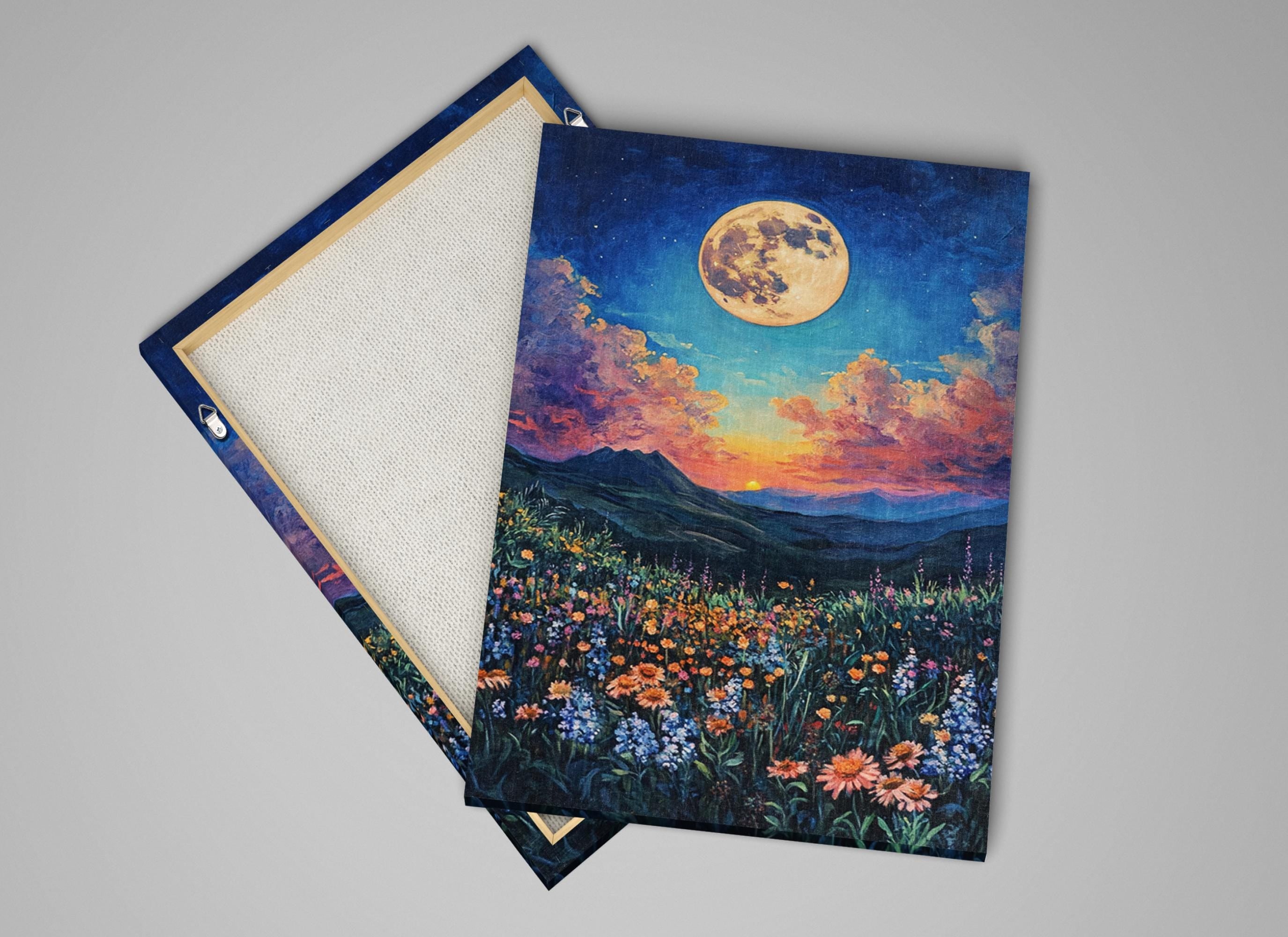 a painting of a field of flowers with a full moon in the background