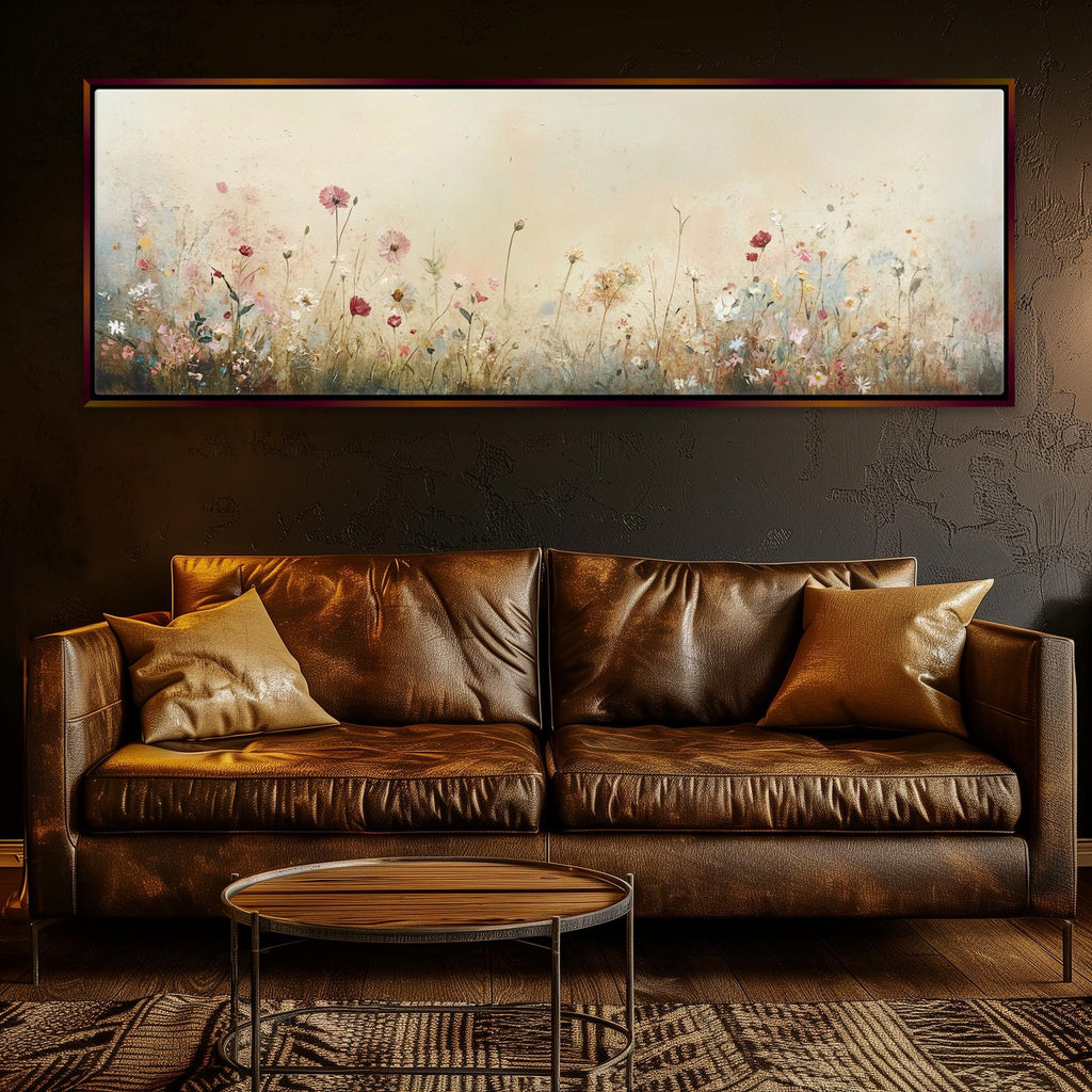 a living room with a couch and a painting on the wall