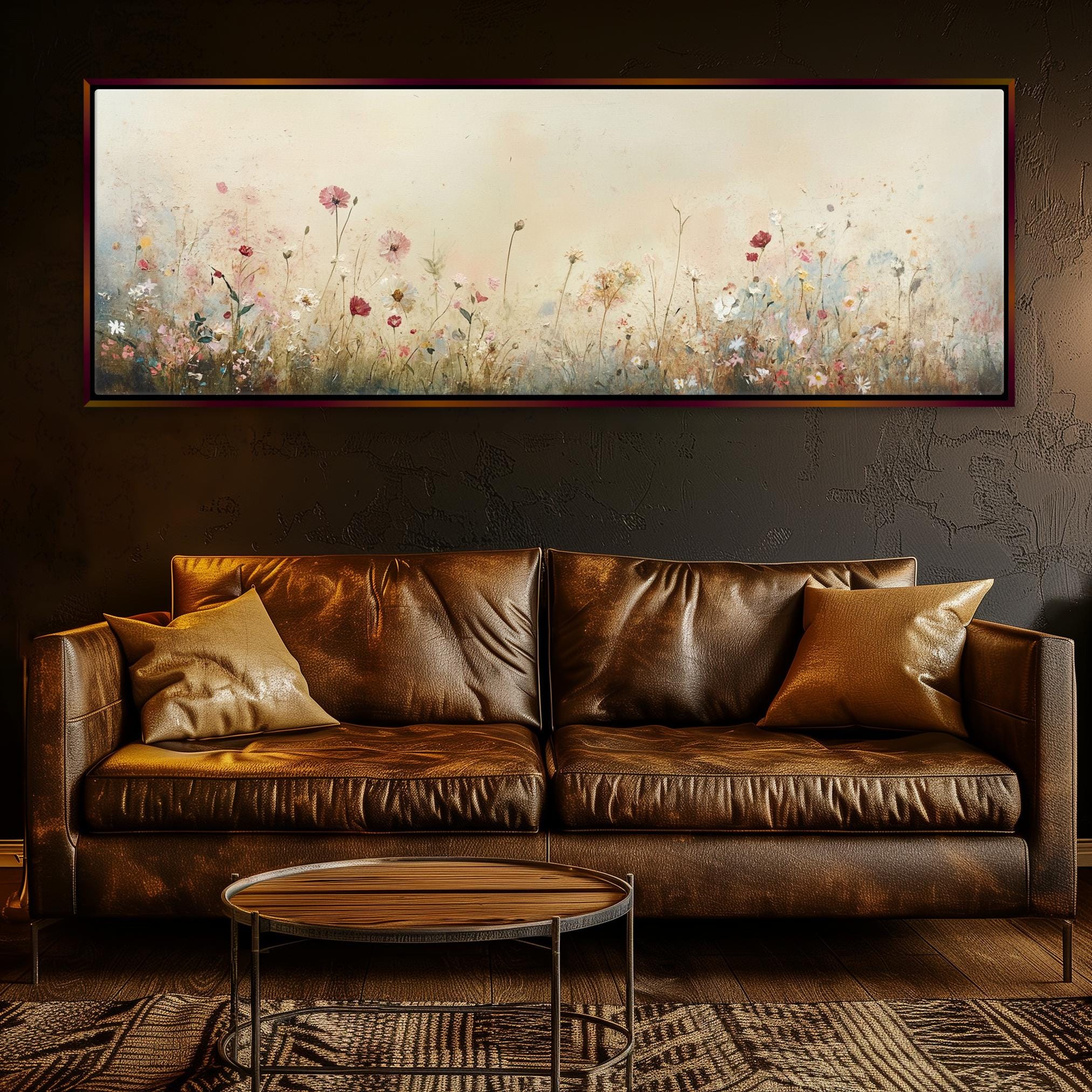 a living room with a couch and a painting on the wall