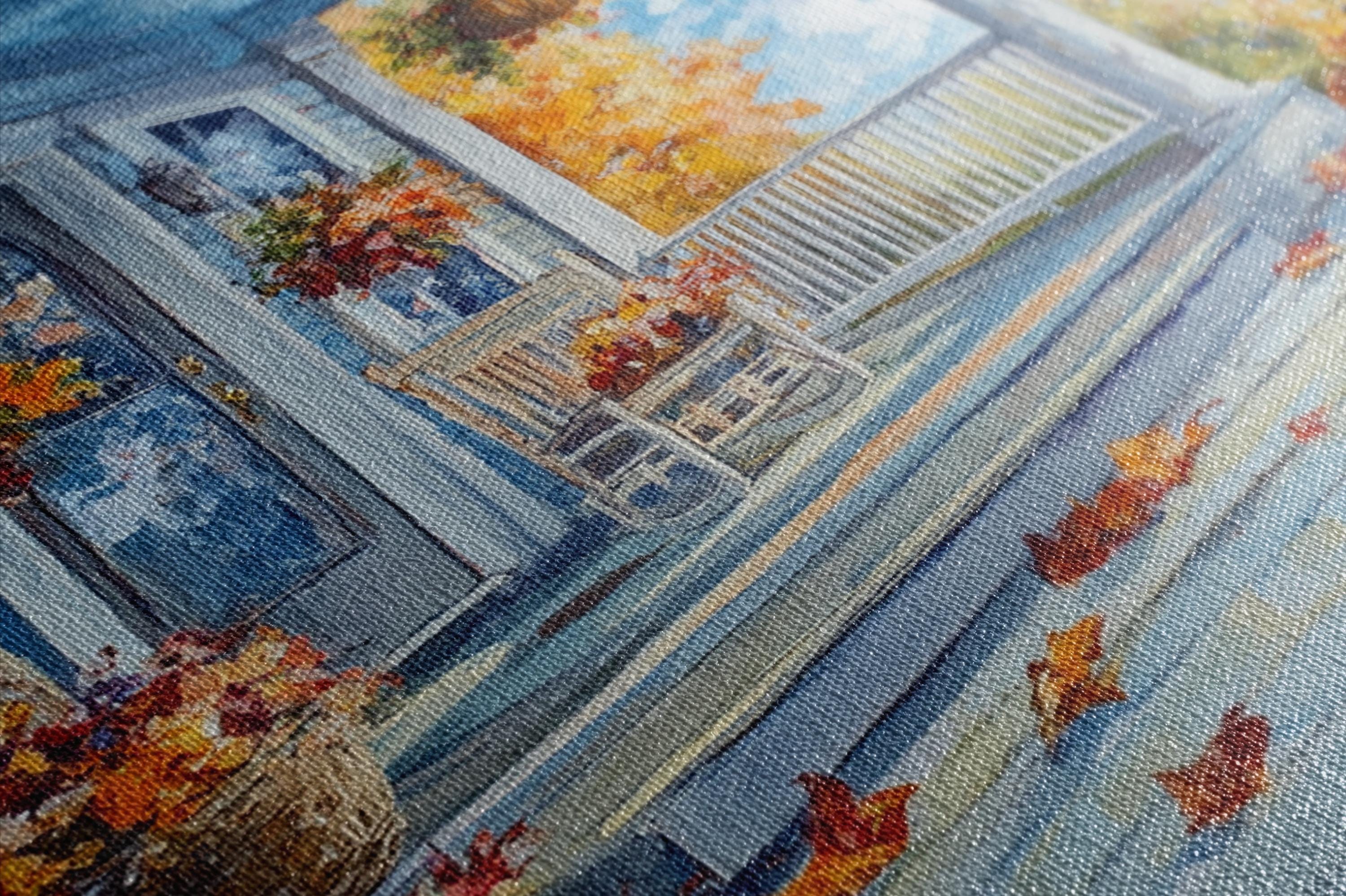 The image is a close-up of a painting depicting a wooden porch with a bench and flowers, set against a backdrop of autumn leaves.