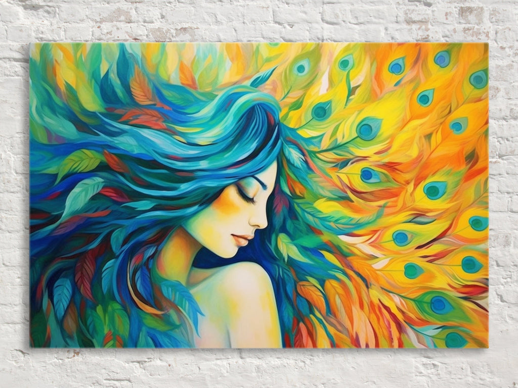 Peacock Feather Canvas - Elegant Woman Portrait Art | Large Gallery Ready Print