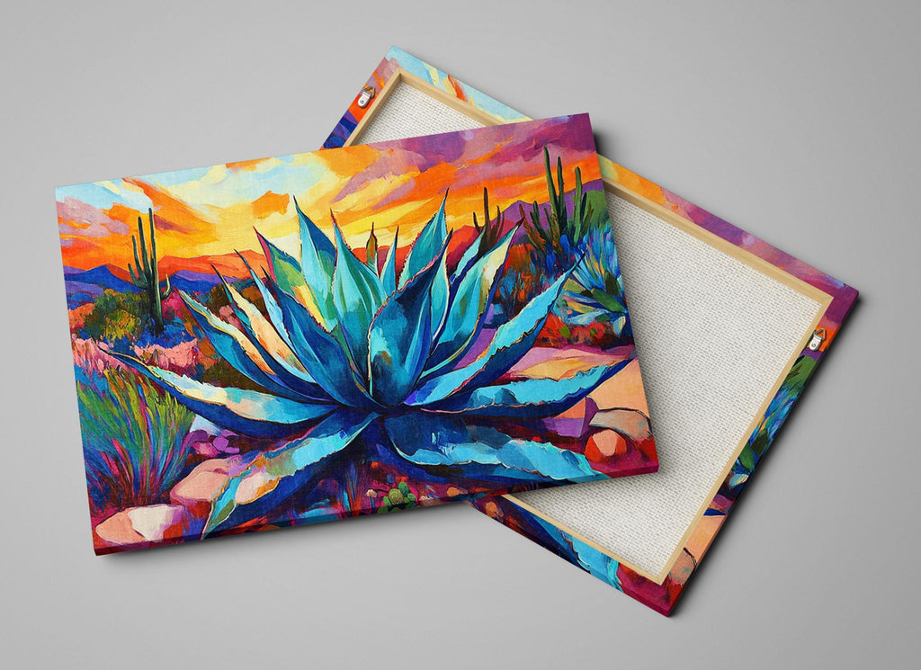 a vibrant painting of a blue agave plant against a colorful desert landscape.