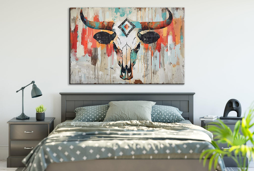 Cowboy Cow Skull Art - Rustic Wall Art | Large Canvas Print, Texas Home Decor