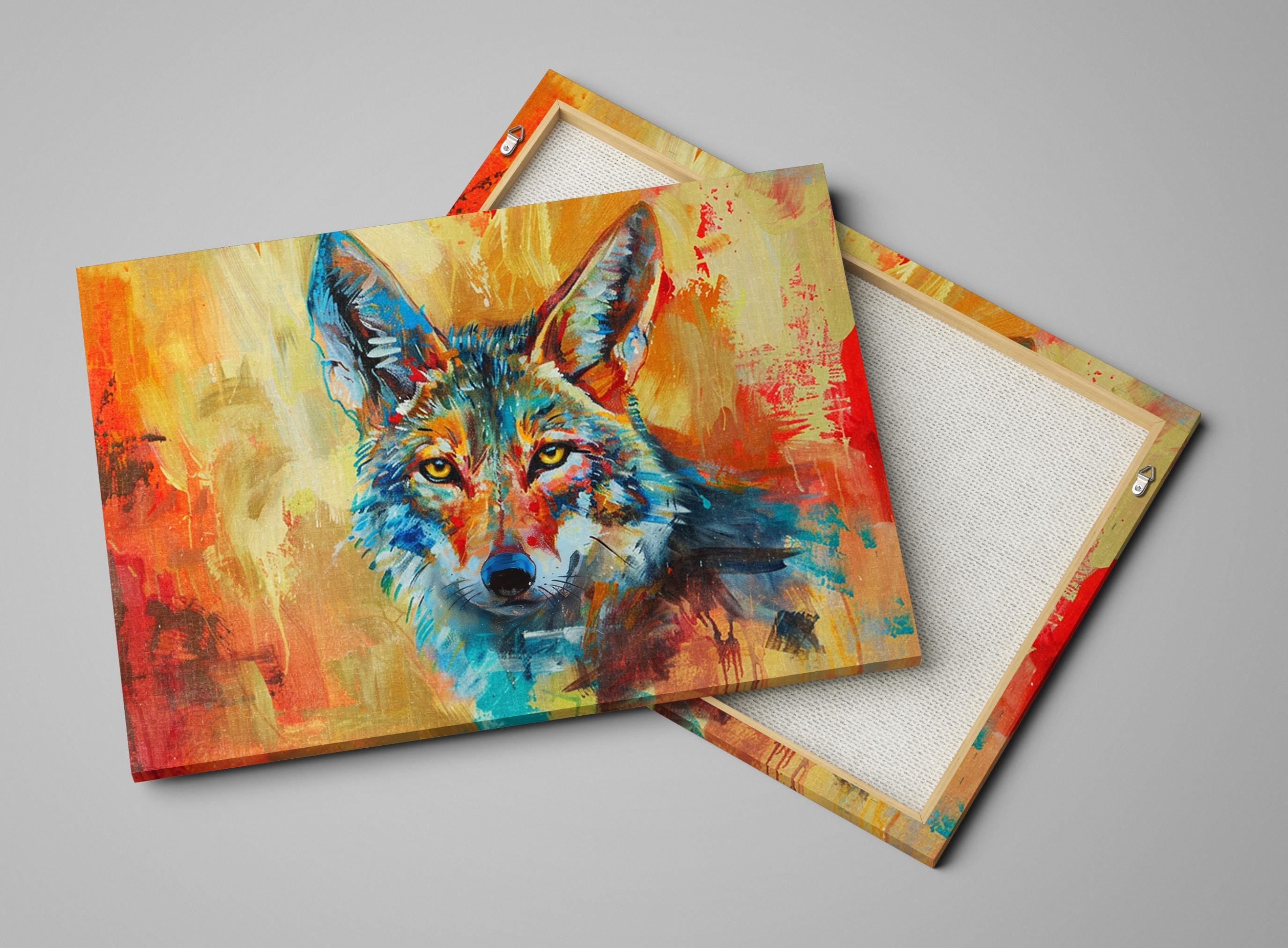 Colorful Coyote Wall Art | Modern Desert Coyote on Gallery Wrapped Canvas, Bold Wall Decor