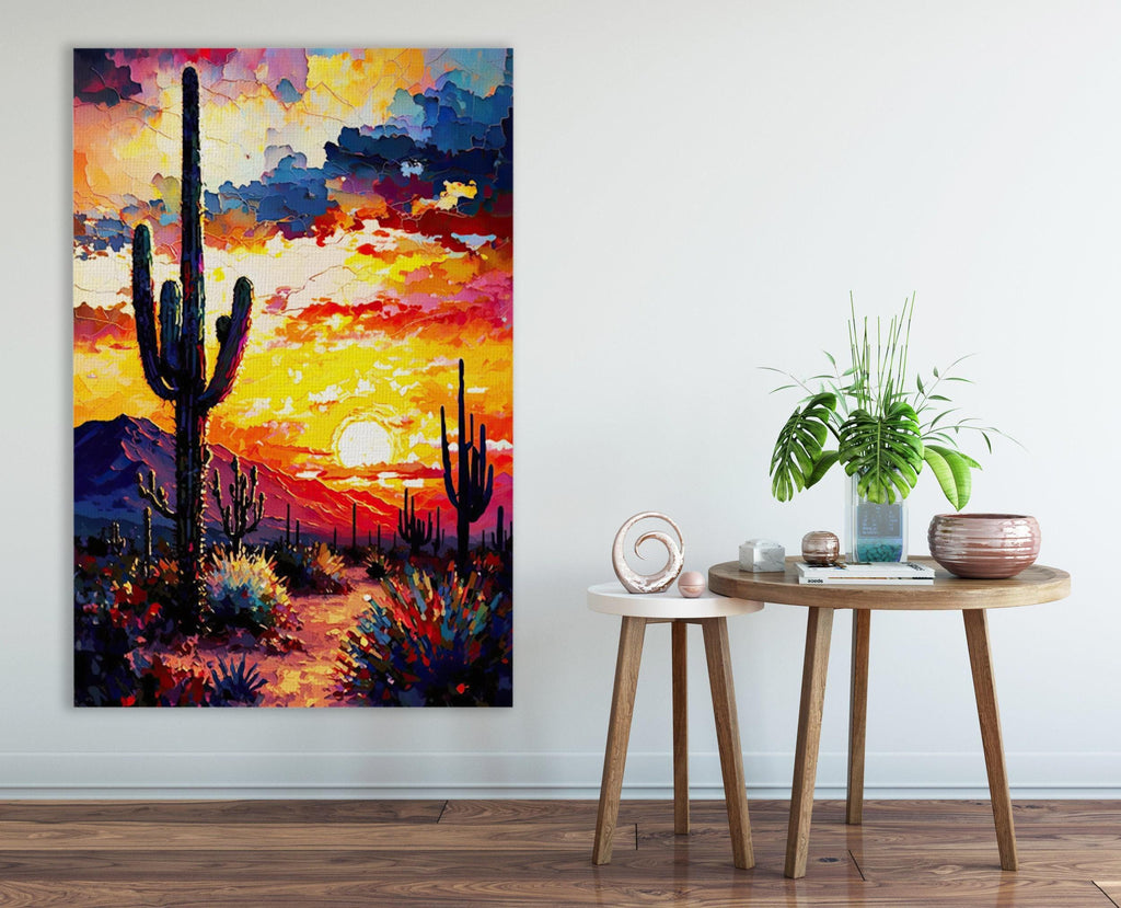 a vibrant desert landscape with a cactus and a sunset in the background, as well as a table with a plant and a small sculpture on it.