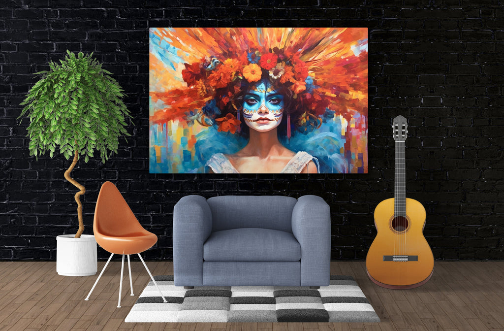 Day of the Dead Art - Large Canvas Sugar Skull Wall Art With Vibrant Flower Hair