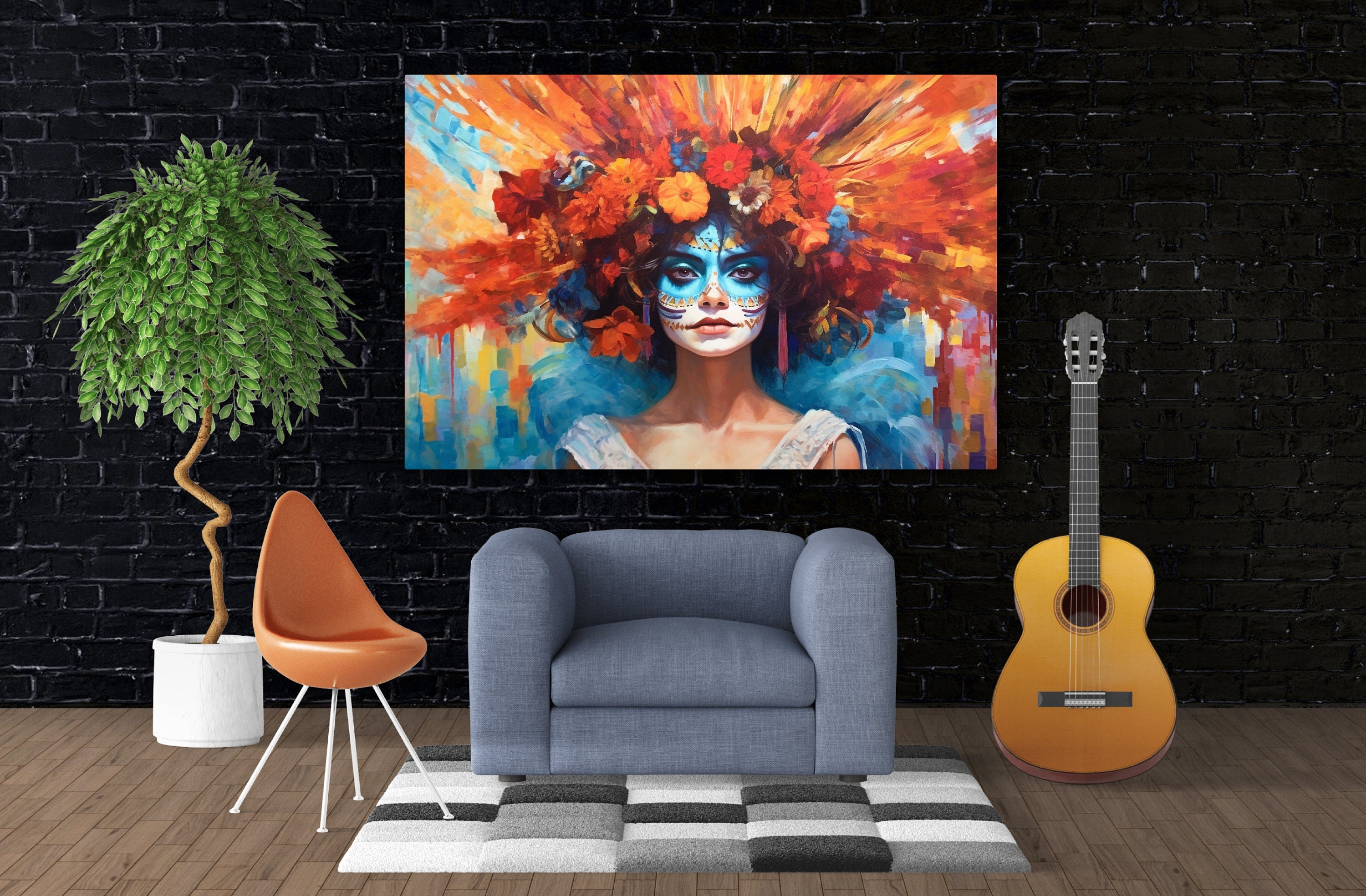 Day of the Dead Art - Large Canvas Sugar Skull Wall Art With Vibrant Flower Hair