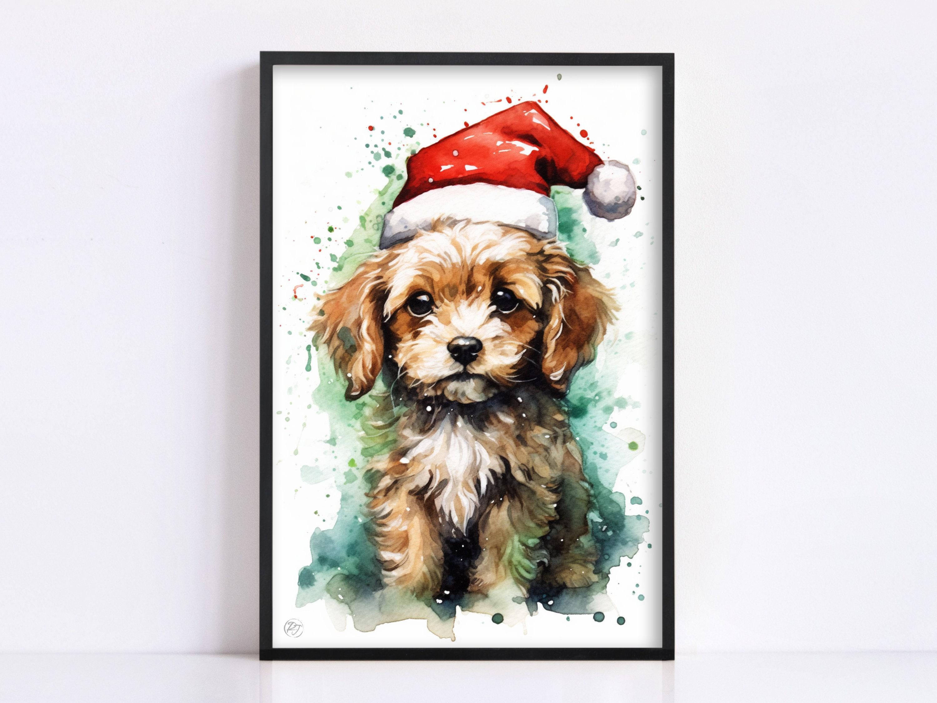 Holiday Pup in Santa Hat Watercolor Wall Decor, Giclee Print on Canvas, Artist Paper, Watercolor Paper, Available in Extra Large Sizes