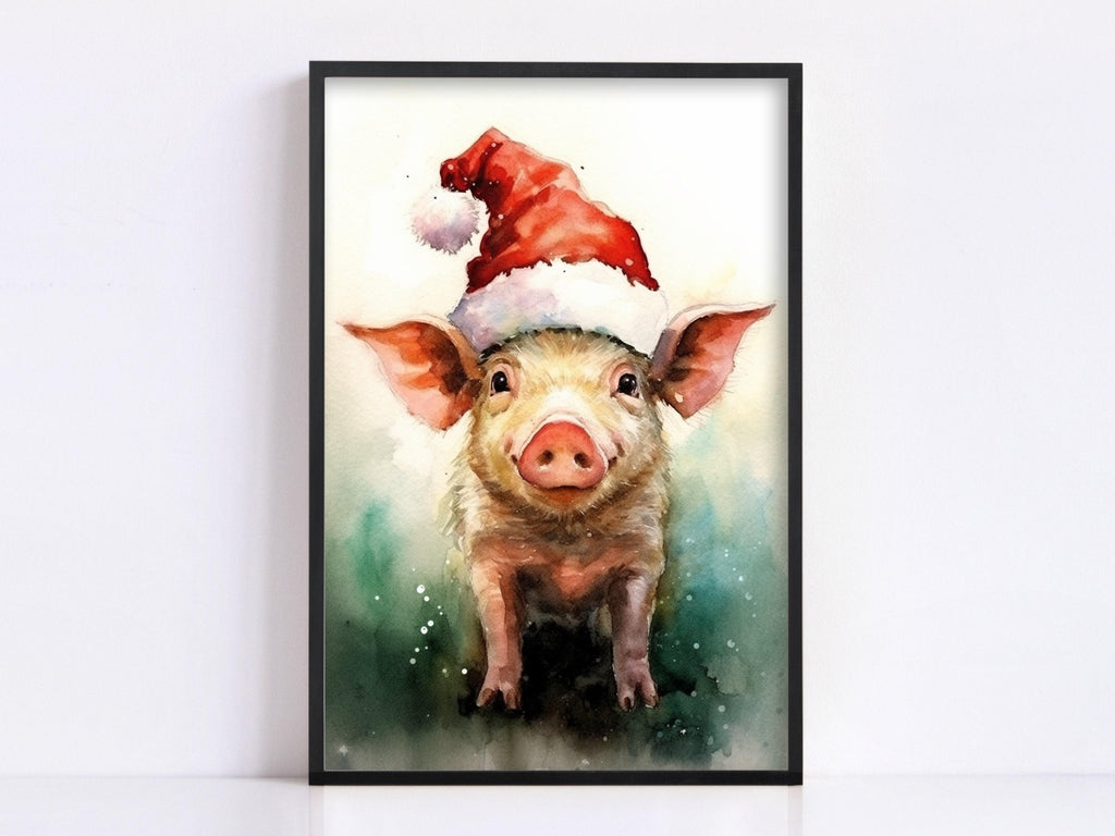 Festive Pig in Santa Hat Watercolor -  Christmas Art, Giclee Print on Canvas, Artist Paper, Watercolor Paper, Available in Extra Large Sizes