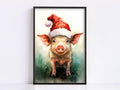 Festive Pig in Santa Hat Watercolor -  Christmas Art, Giclee Print on Canvas, Artist Paper, Watercolor Paper, Available in Extra Large Sizes