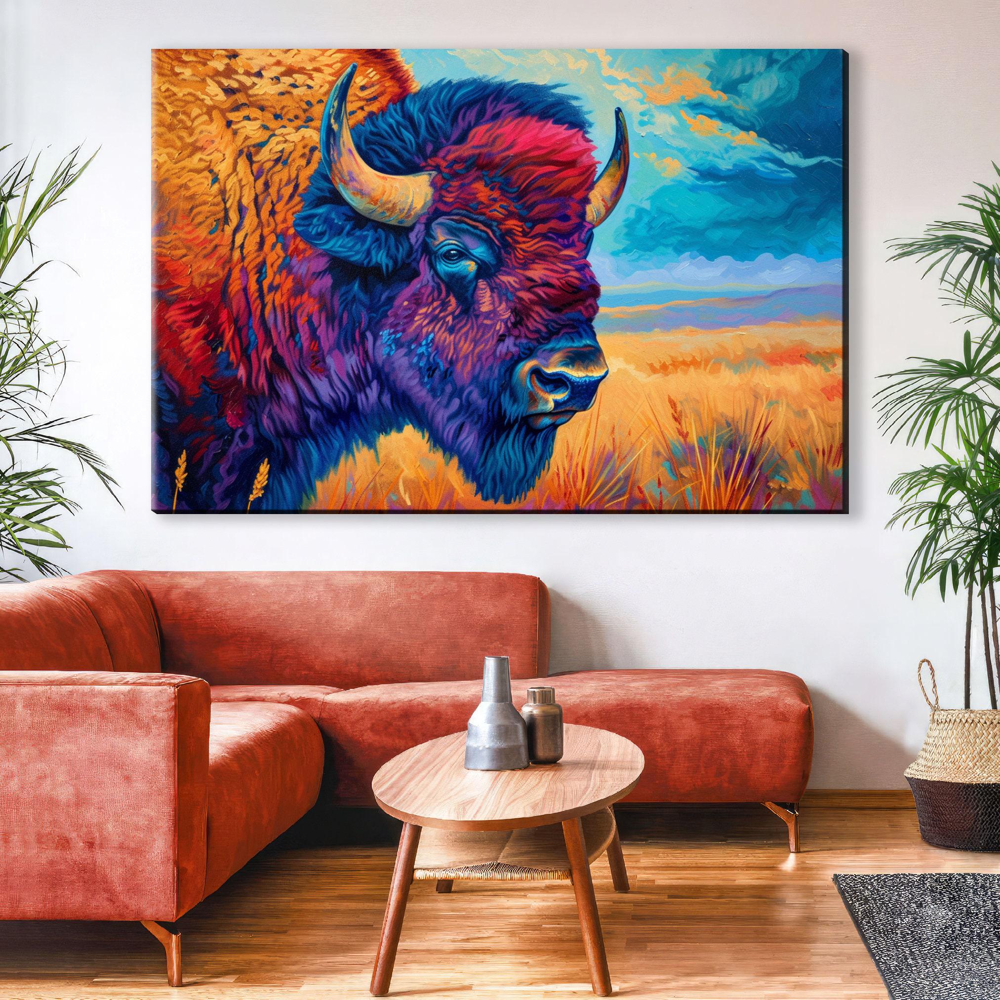 Bison Wall Art | Large Canvas Wall Art – Colorful Buffalo Painting with UV Coated Canvas Print
