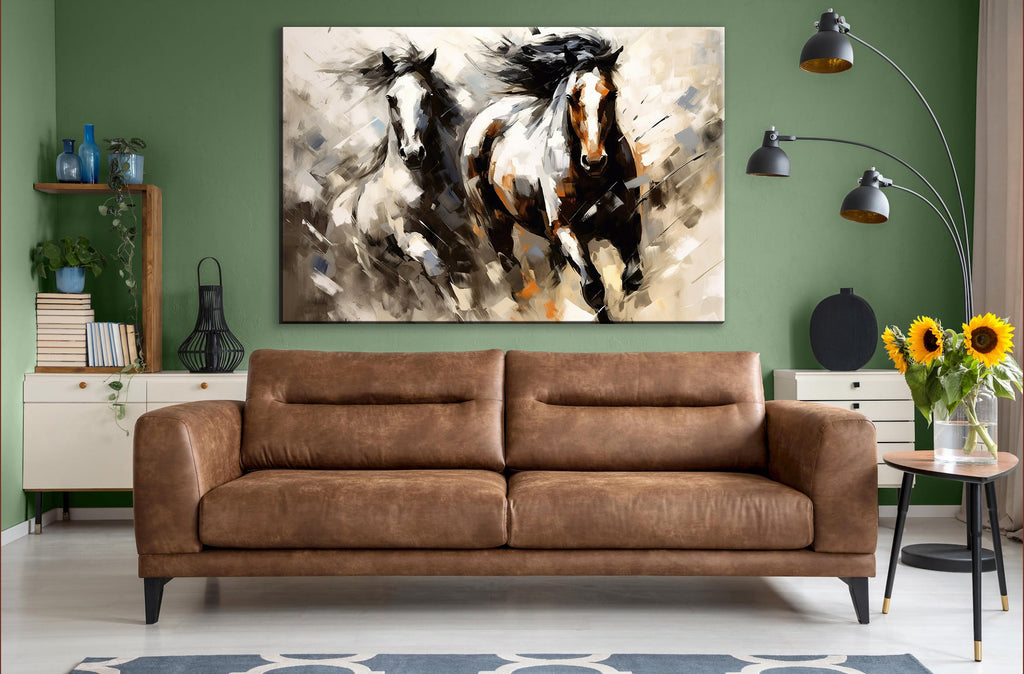 Pinto Horses Canvas - Large Gallery Wrapped Print | Running Horse Artwork with Wood Frame