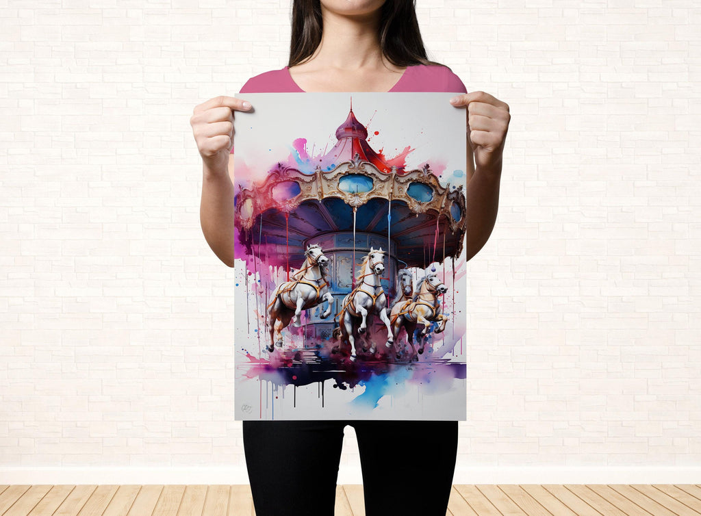 Whimsical Carousel: Watercolor Carnival Wall Art, Giclee Print on Canvas, Artist Paper, Watercolor Paper, Available in Extra Large Sizes