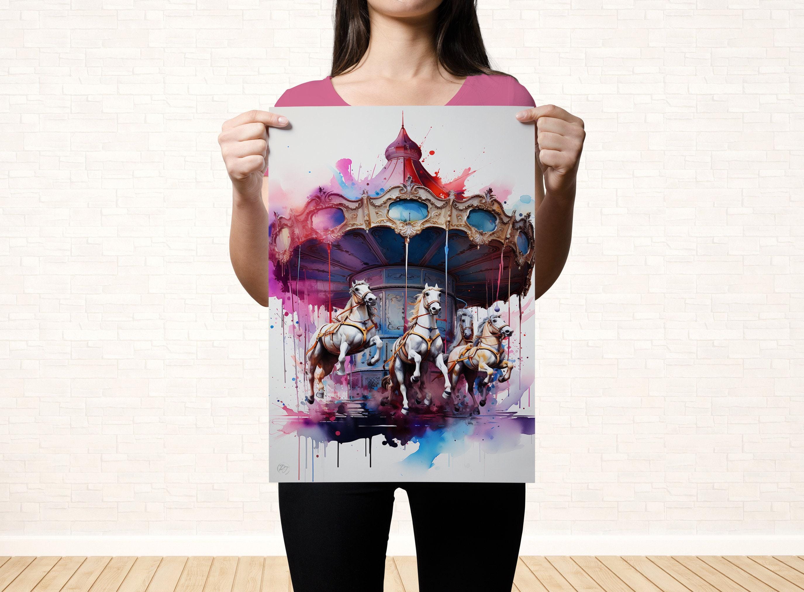 Whimsical Carousel: Watercolor Carnival Wall Art, Giclee Print on Canvas, Artist Paper, Watercolor Paper, Available in Extra Large Sizes
