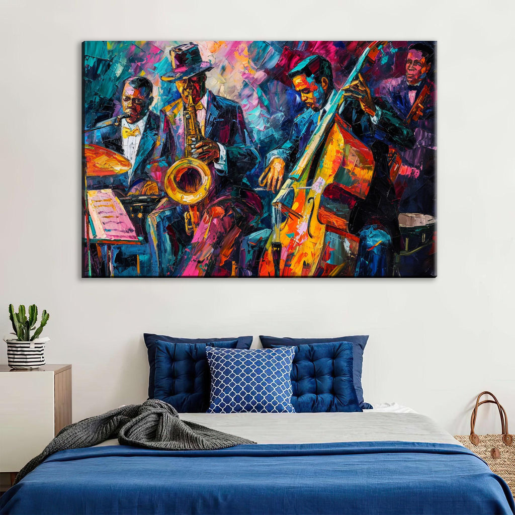 Jazz Canvas Print – Vibrant New Orleans Jazz Band Painting on Gallery Wrapped Canvas