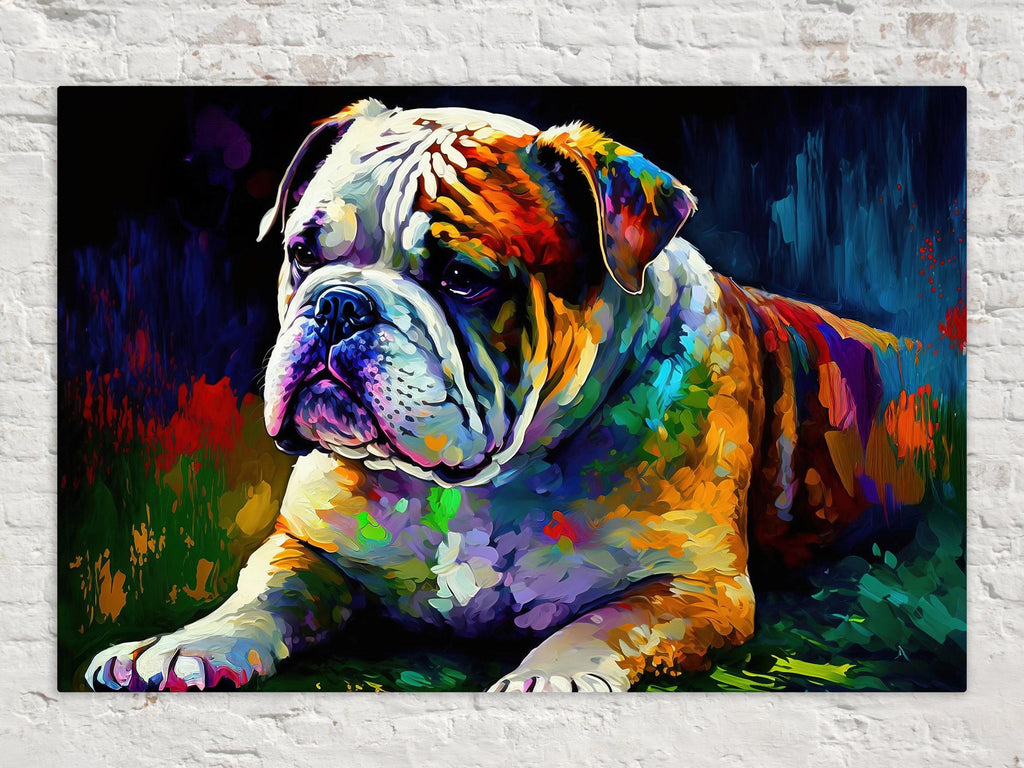 A colorful painting of a bulldog with a vibrant, abstract background.