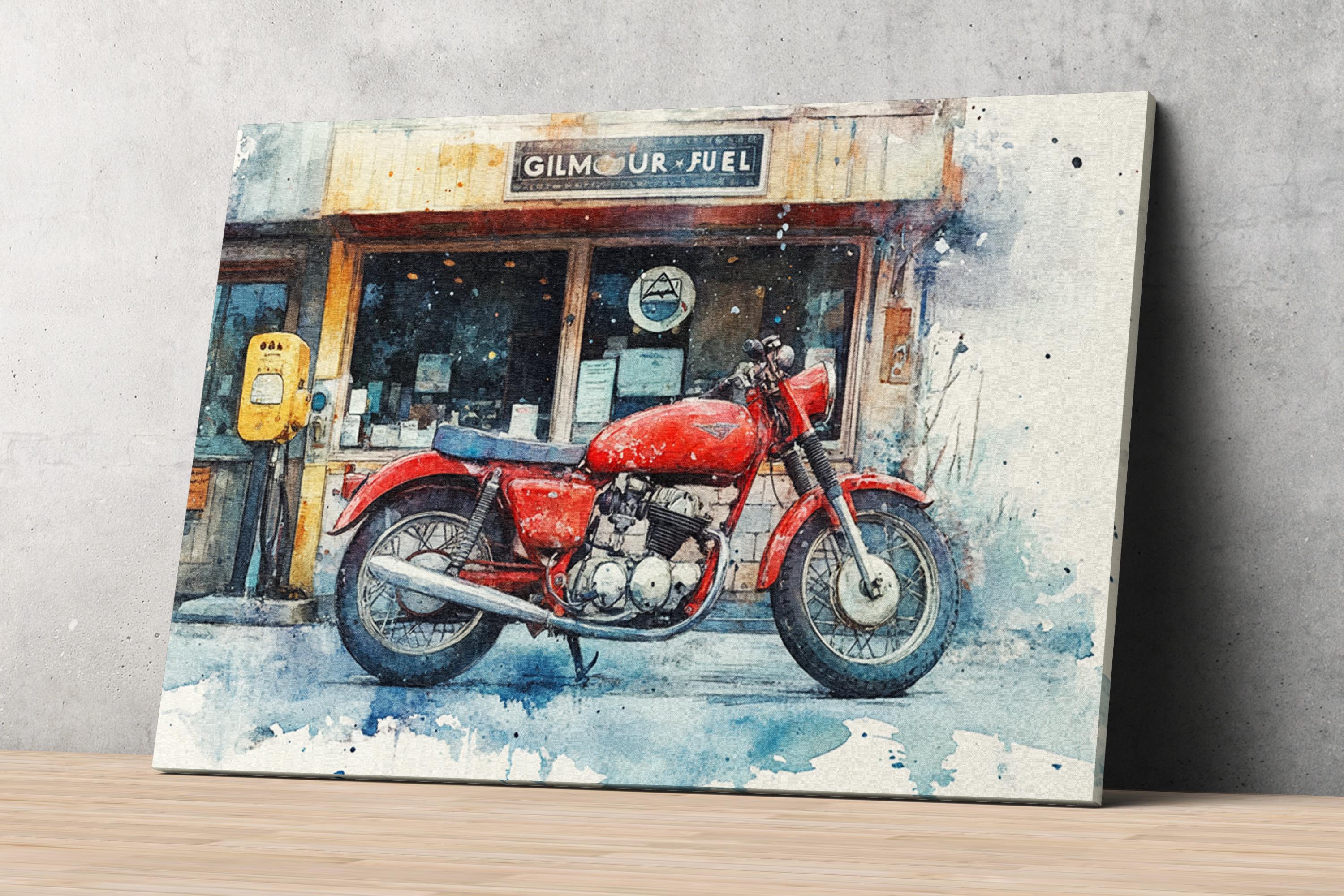 A red motorcycle parked in front of a gas station named "GILMOUR FUEL".