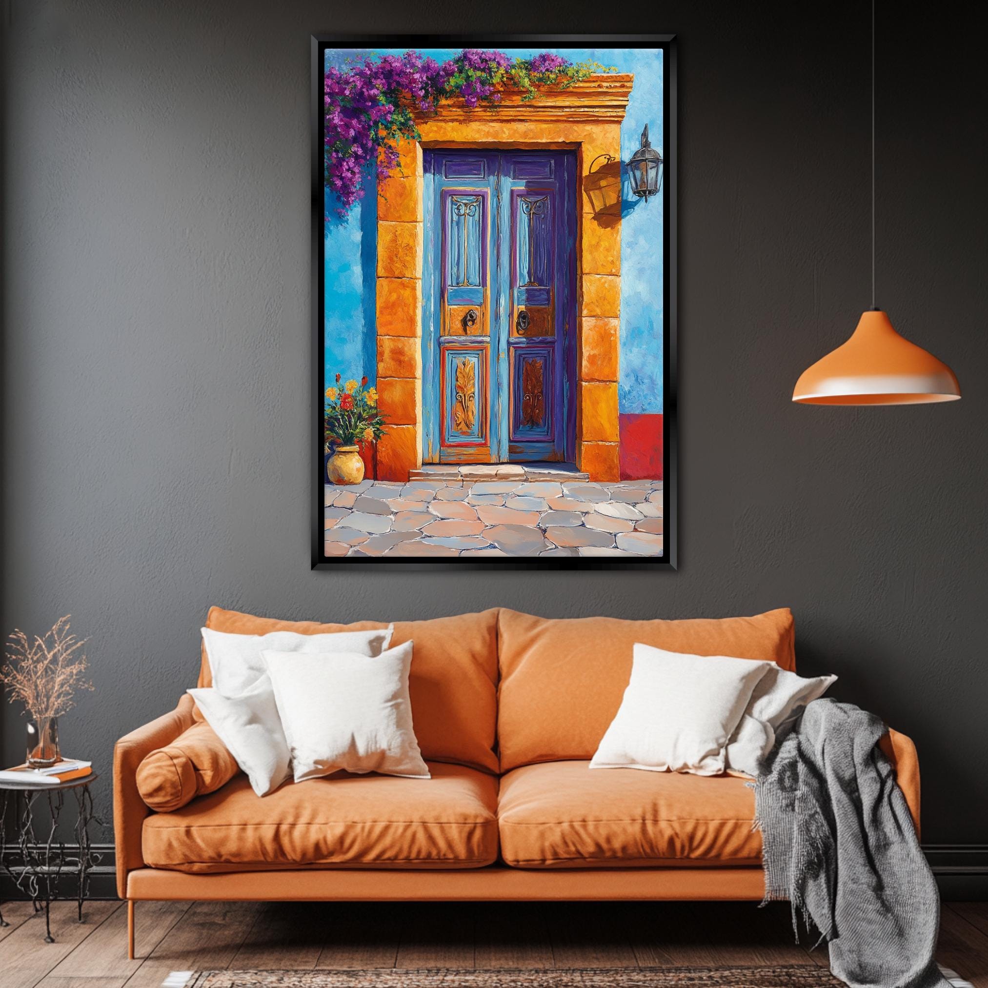 a living room with a couch and a painting on the wall