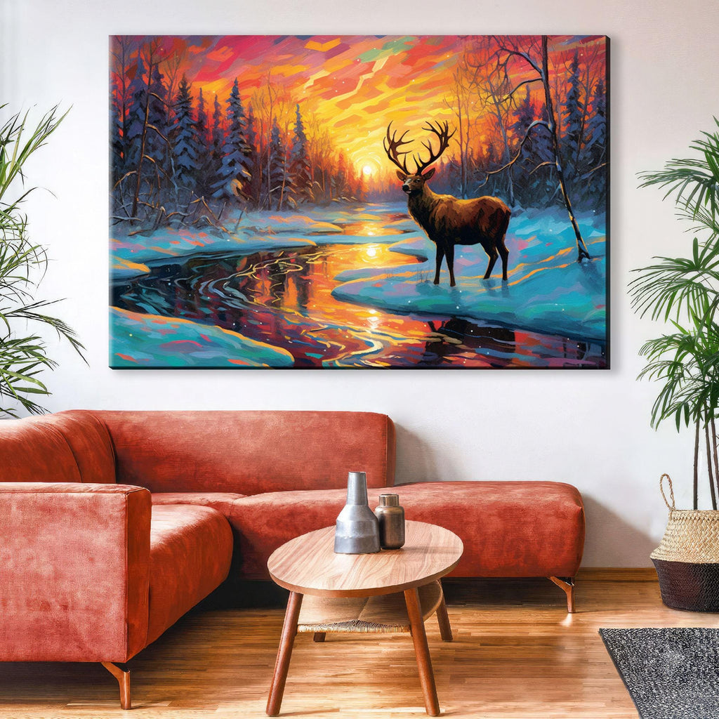 Winter Deer Sunset Art – Vibrant Snowy River Painting on Gallery Wrapped Canvas