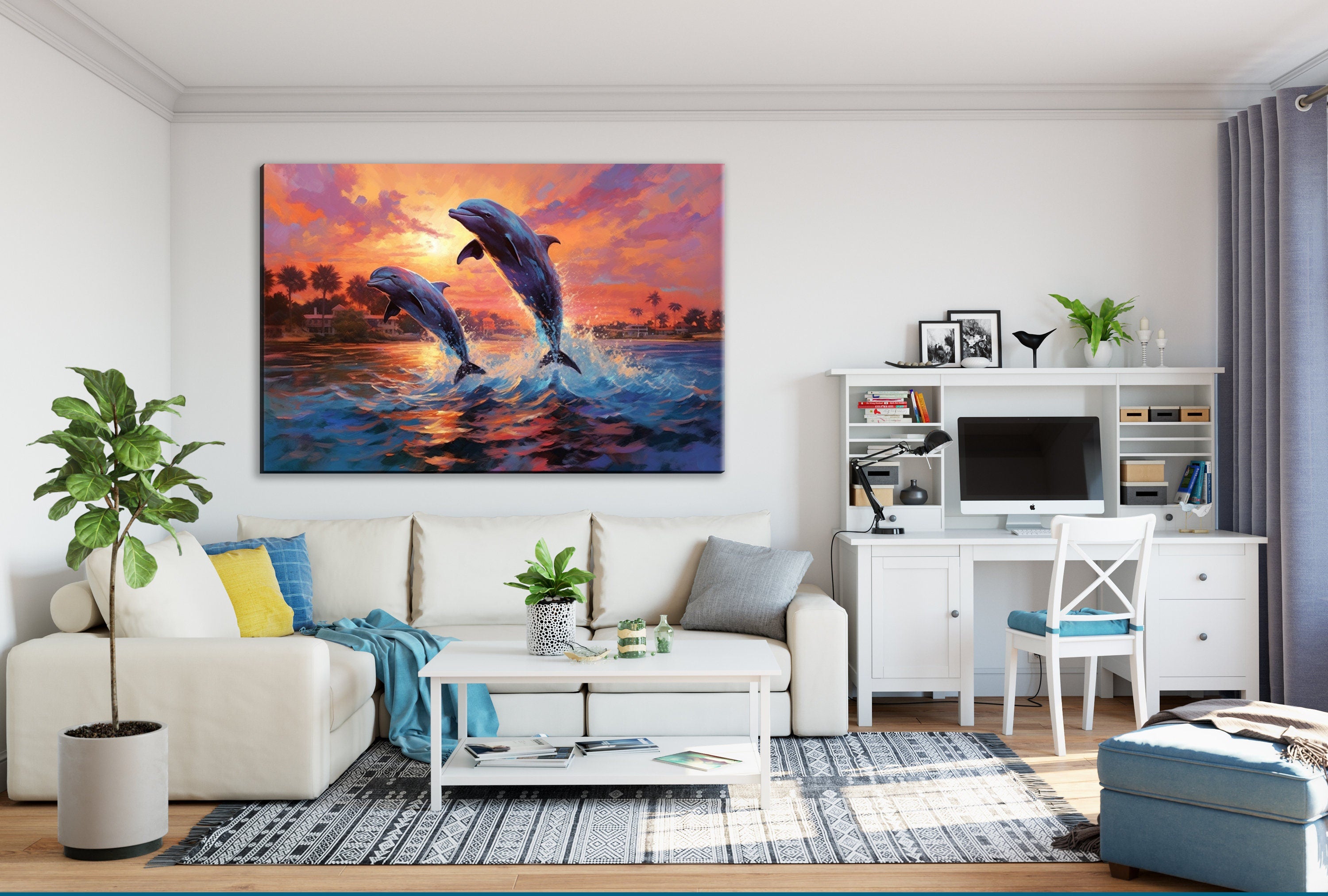 Dolphin Wall Art – Large Canvas Print of Dolphins Swimming, Marine Life Decor