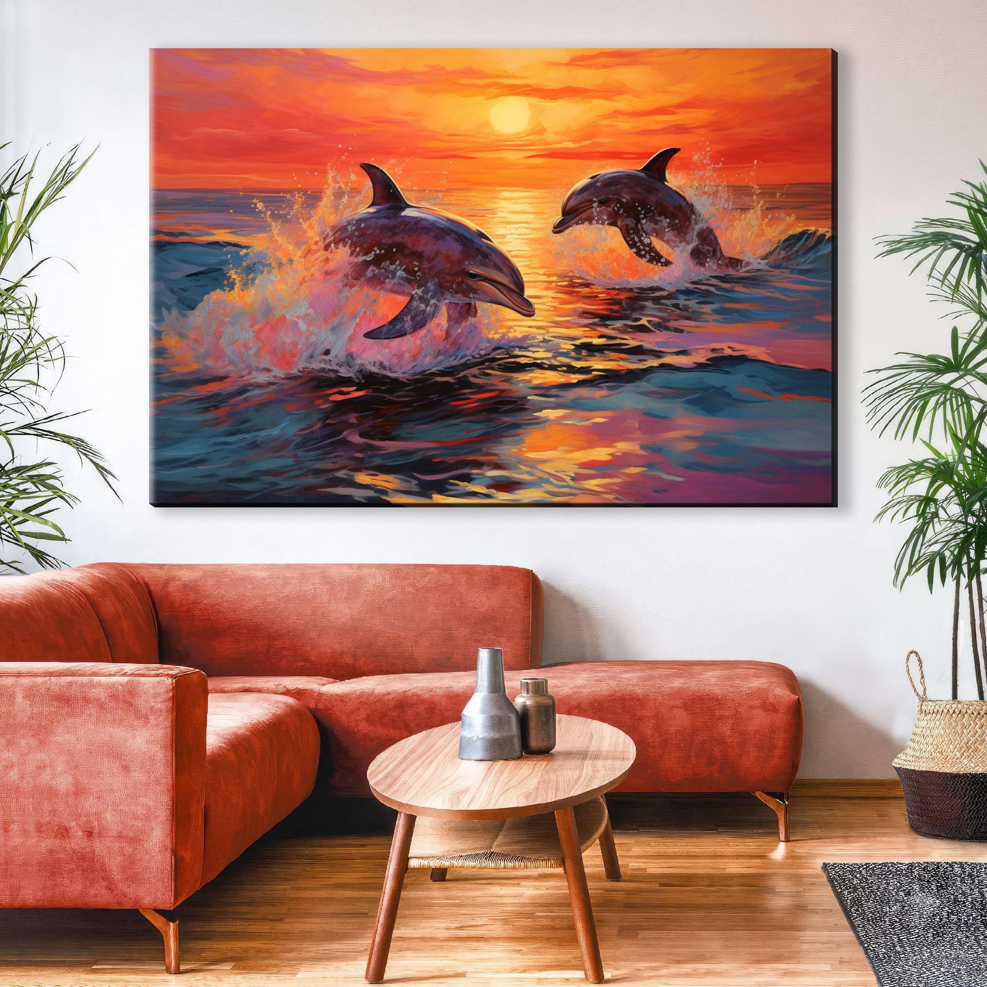 Dolphin Canvas Art – Tropical Dolphin Painting on UV Coated Large Canvas Wall Decor
