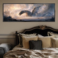 a painting of a dragon on a wall above a bed