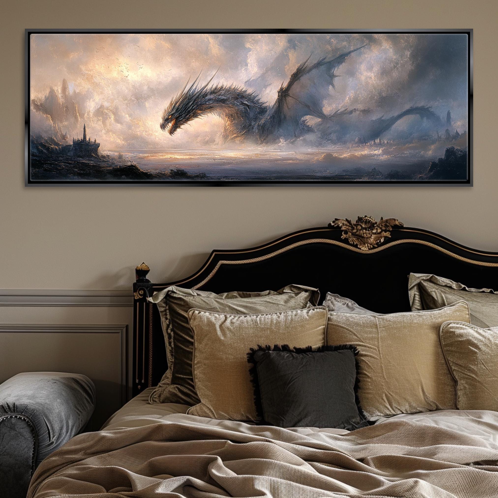 a painting of a dragon on a wall above a bed